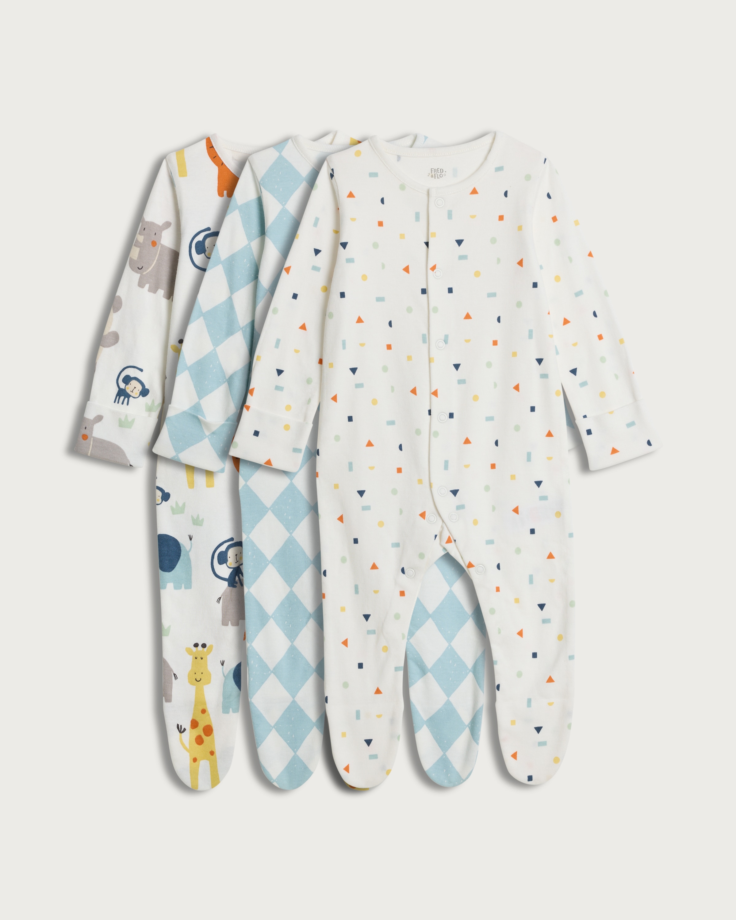 F&F Baby 3-Pack Pure Cotton Long Sleeved Sleepsuits in Blue