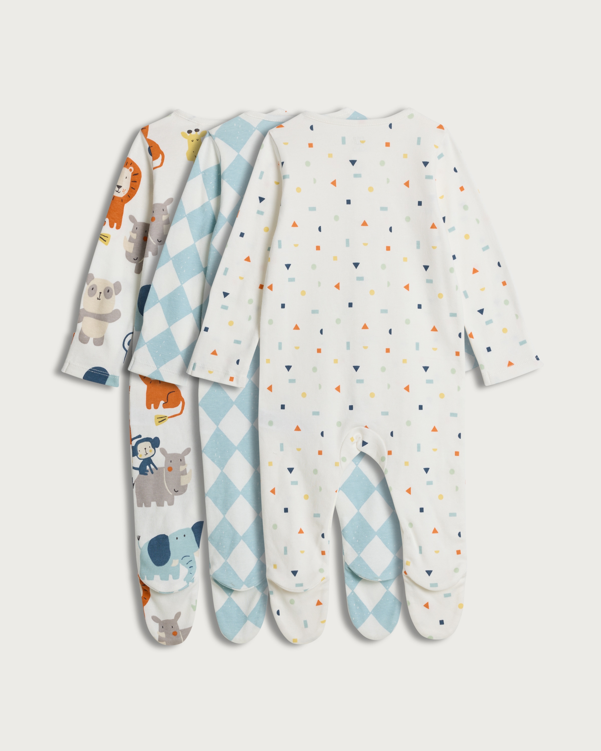 F&F Baby 3-Pack Pure Cotton Long Sleeved Sleepsuits in Blue thumbnail 2