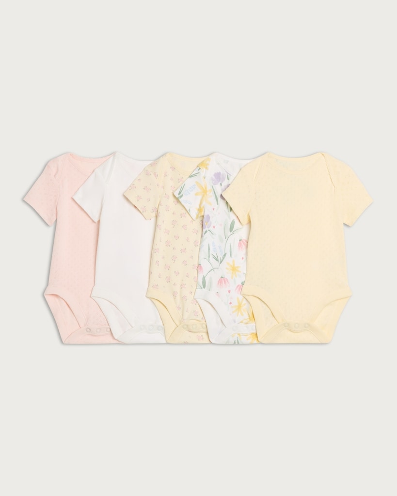 F&F Baby 5-Pack Pure Cotton Floral Printed Short Sleeved Bodysuits in Yellow