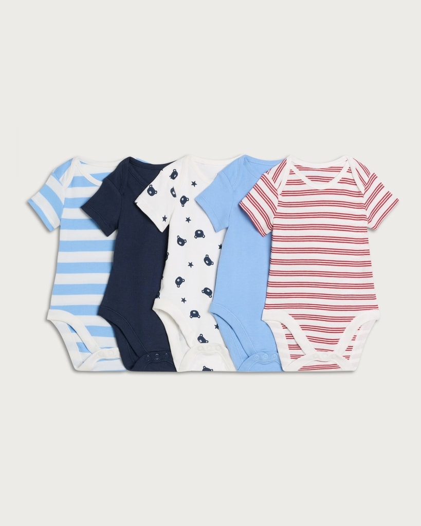 F&F Baby 5-Pack Pure Cotton Printed Short Sleeved Bodysuits in Blue