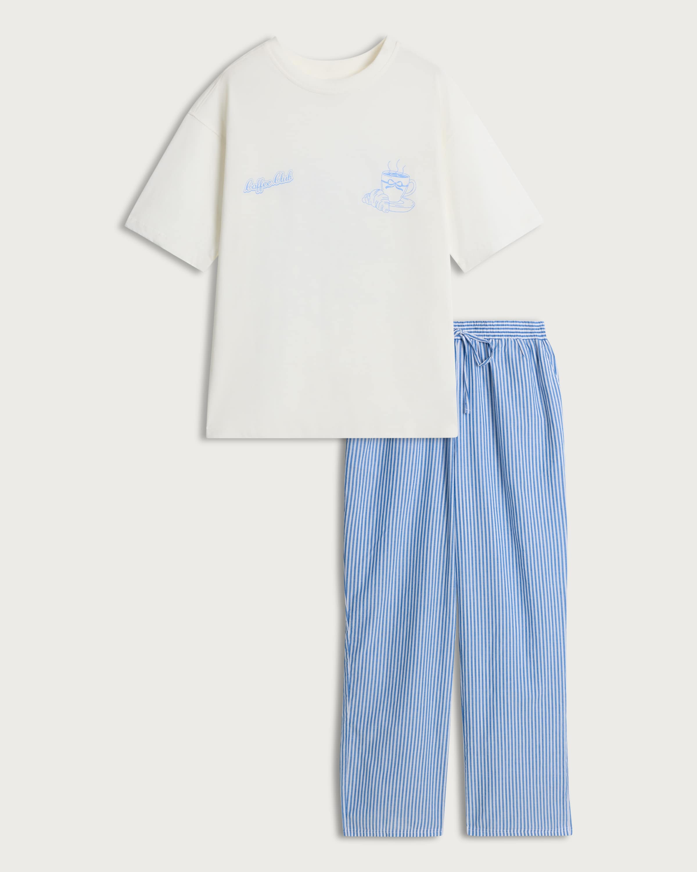 F&F Pure Cotton Coffee Club Pyjama Set in Multi Blue thumbnail 4
