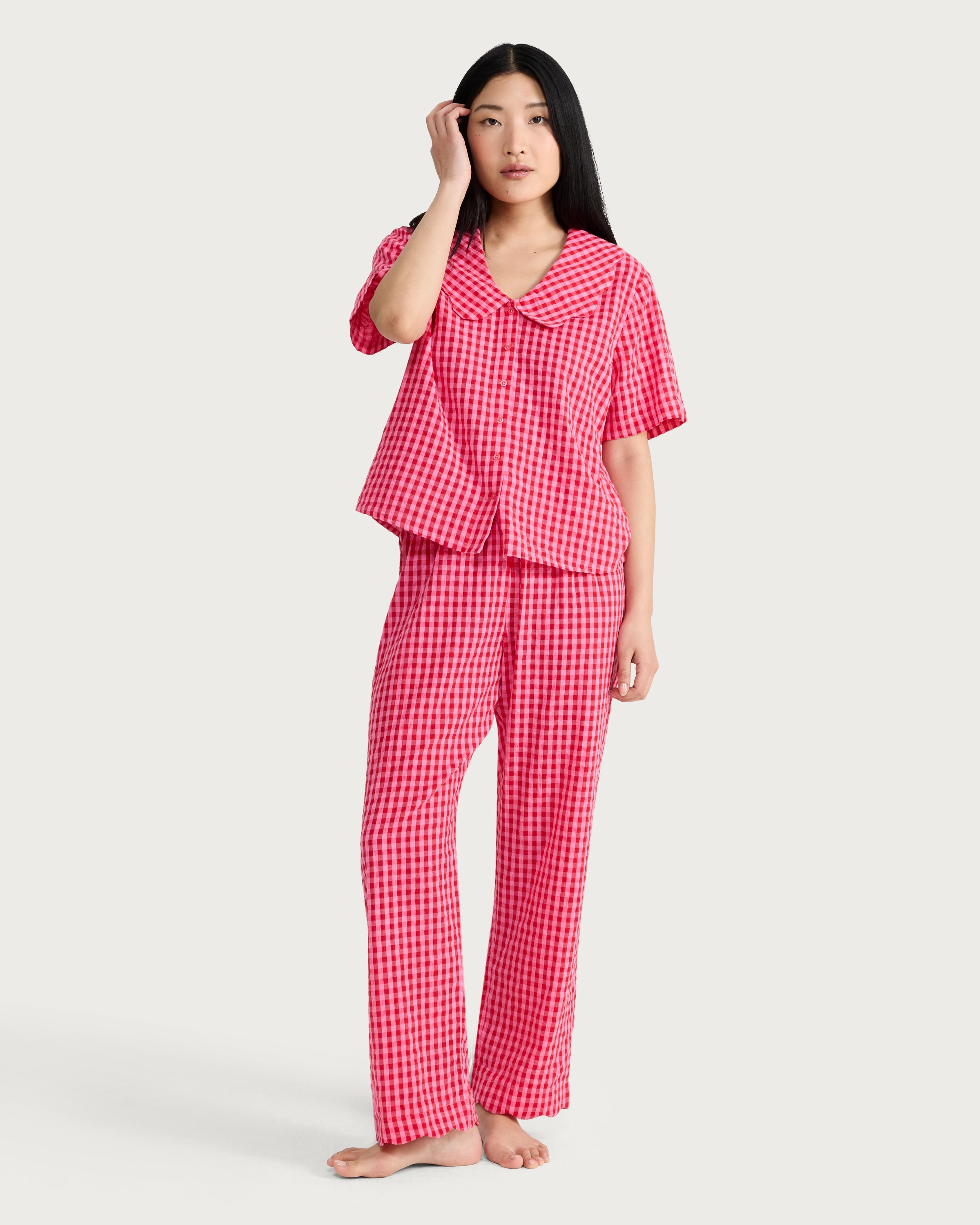 F&F Pure Cotton Gingham Pyjama Set in Multi Pink