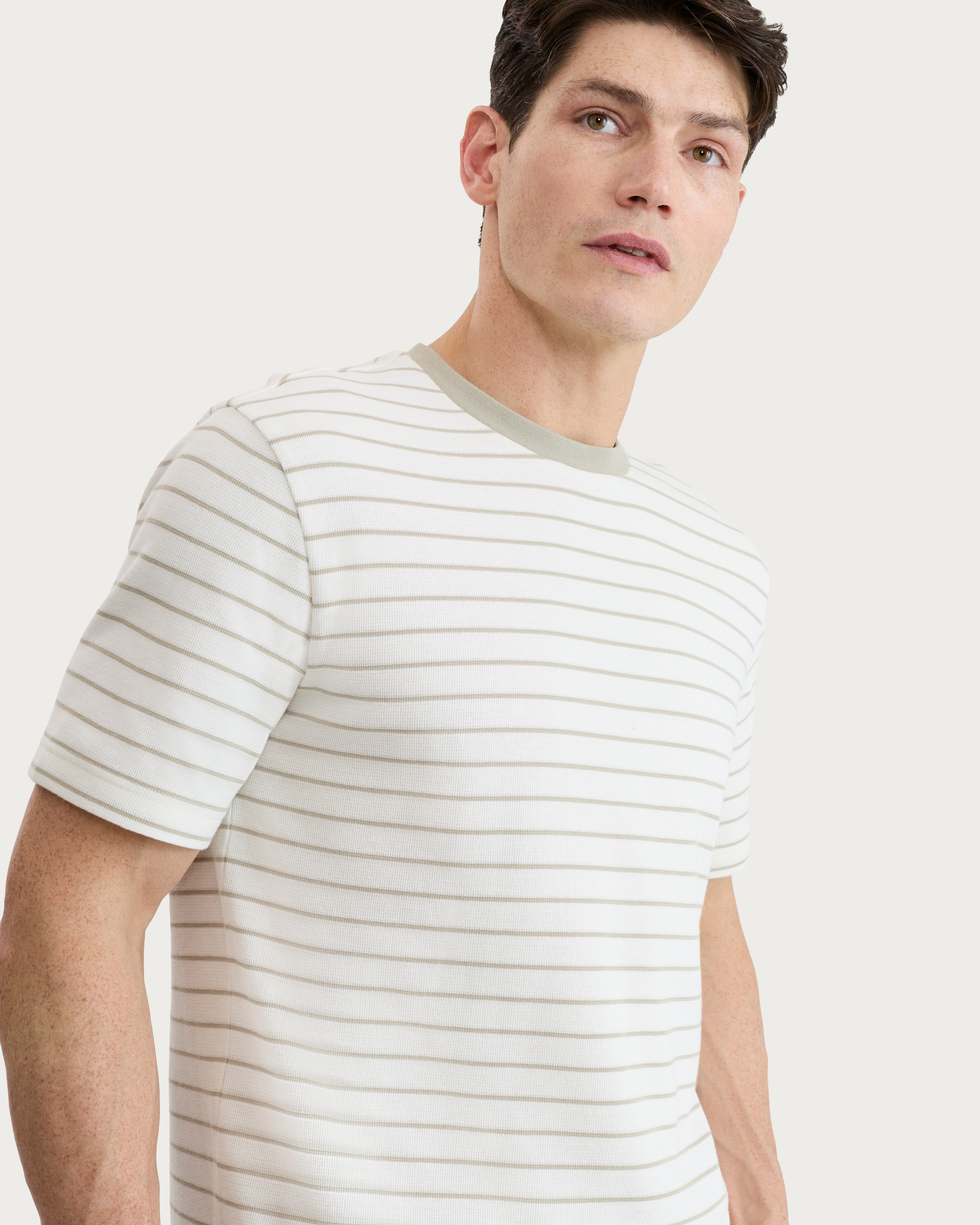 F&F Cotton Rich Heavyweight Stripe Print Short Sleeved T-Shirt in Cream