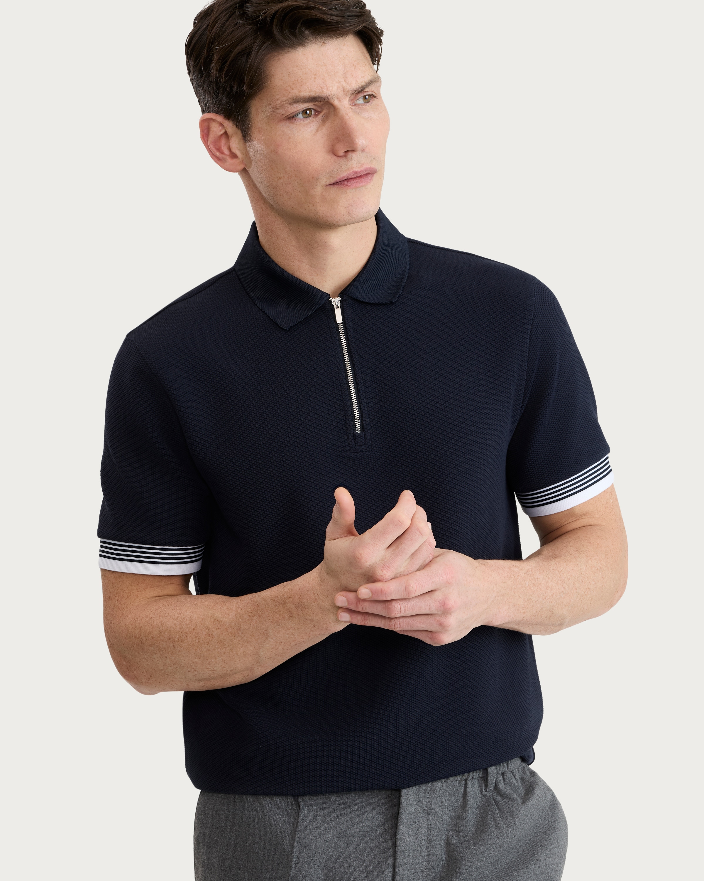 F&F Textured Zip Neck Short Sleeved Polo Shirt in Navy