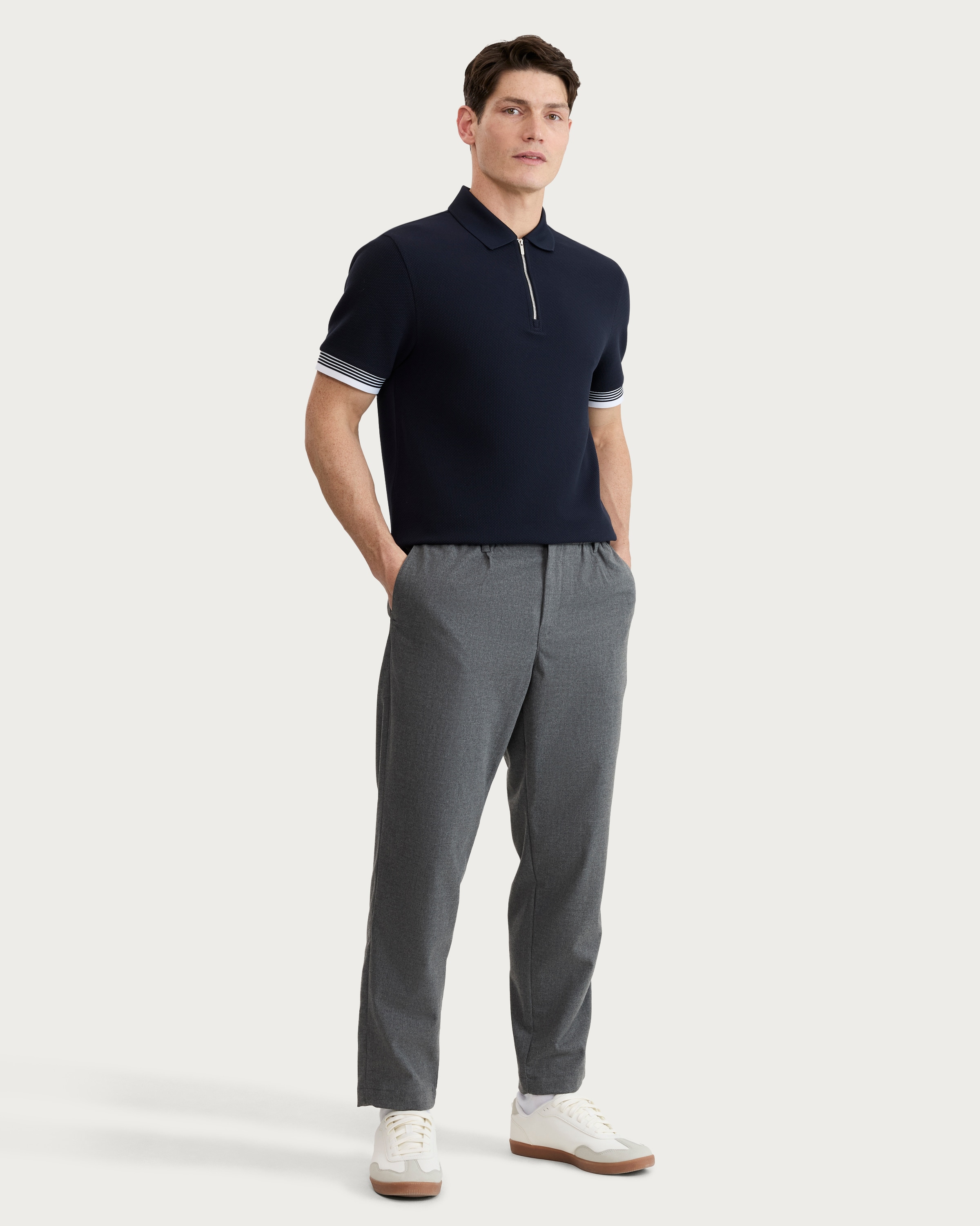 F&F Textured Zip Neck Short Sleeved Polo Shirt in Navy thumbnail 2