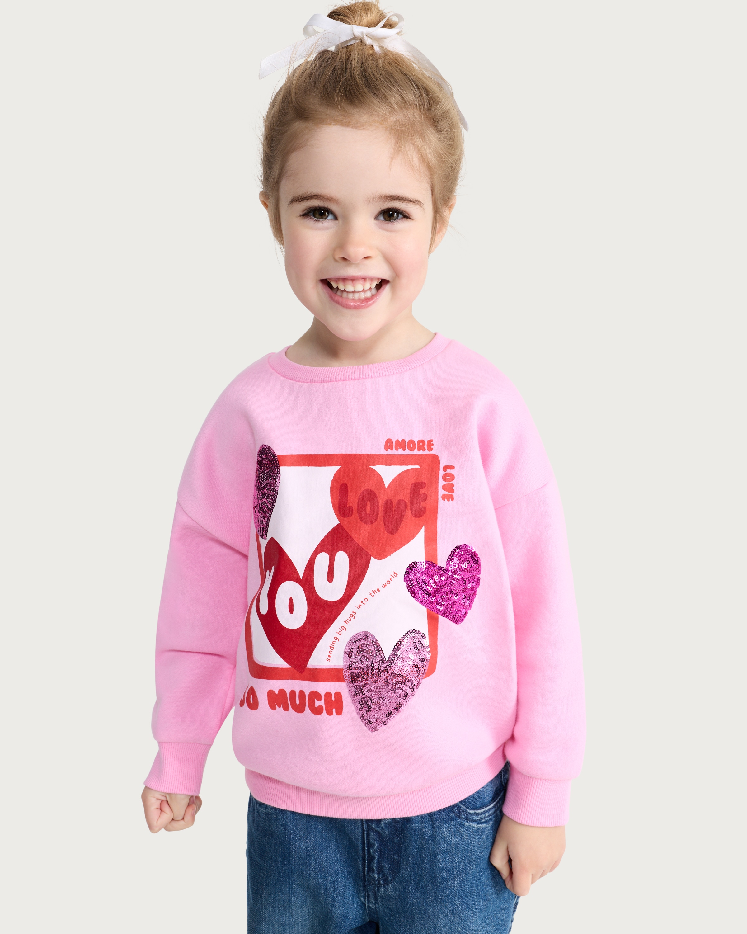 F&F Girls Cotton Rich Love Sequin Sweatshirt in Pink