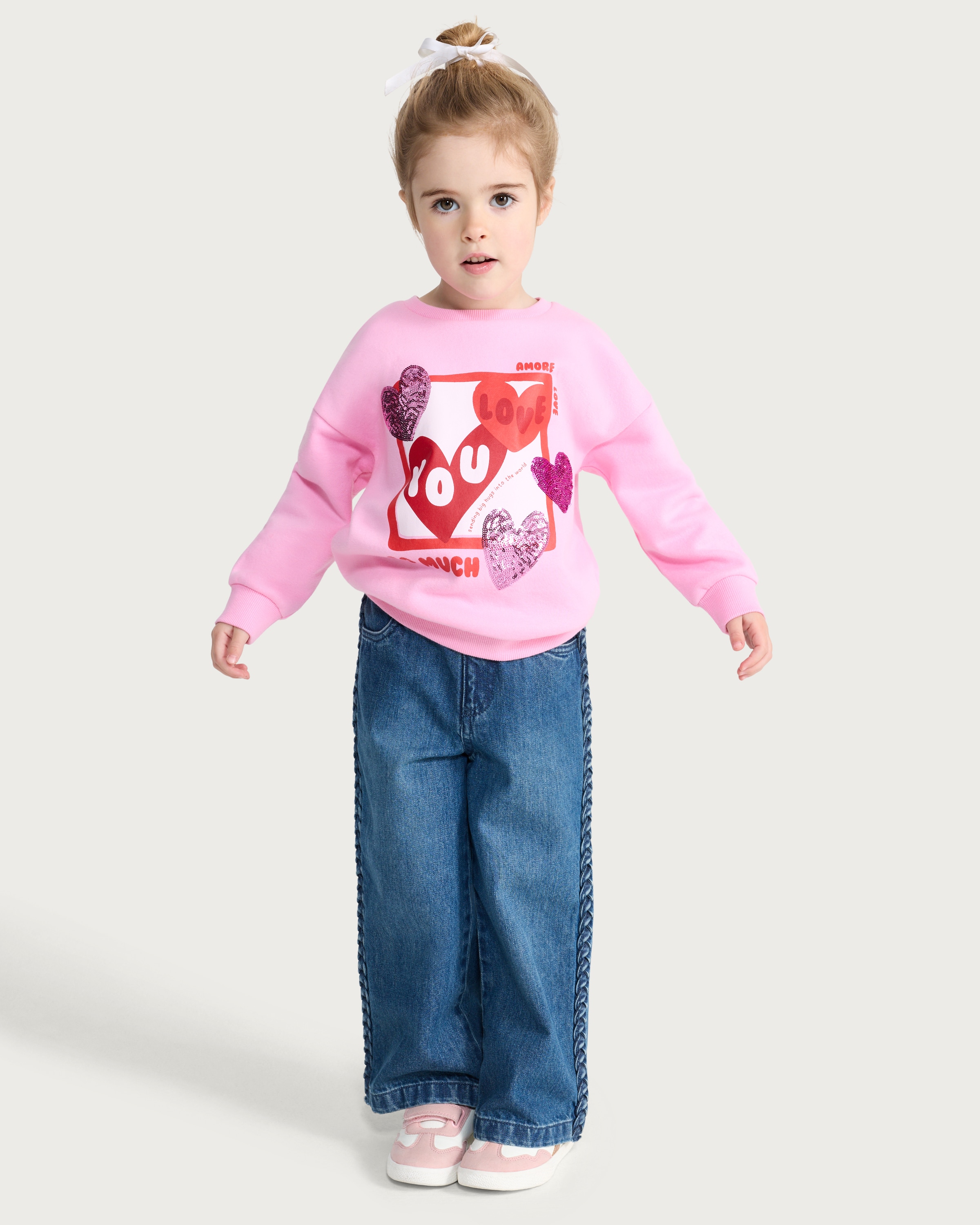 F&F Girls Cotton Rich Love Sequin Sweatshirt in Pink thumbnail 3