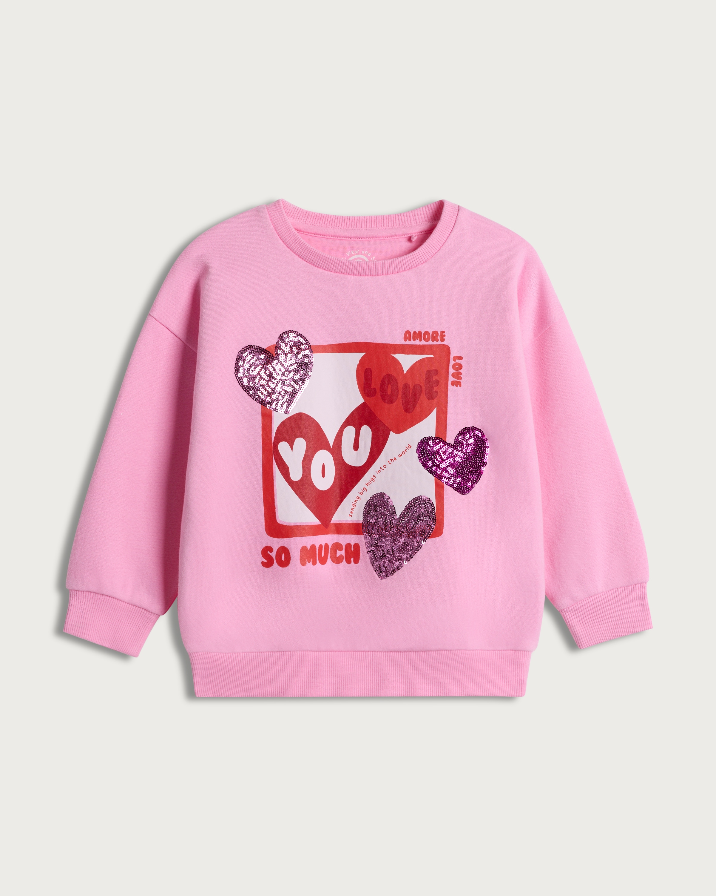F&F Girls Cotton Rich Love Sequin Sweatshirt in Pink thumbnail 4