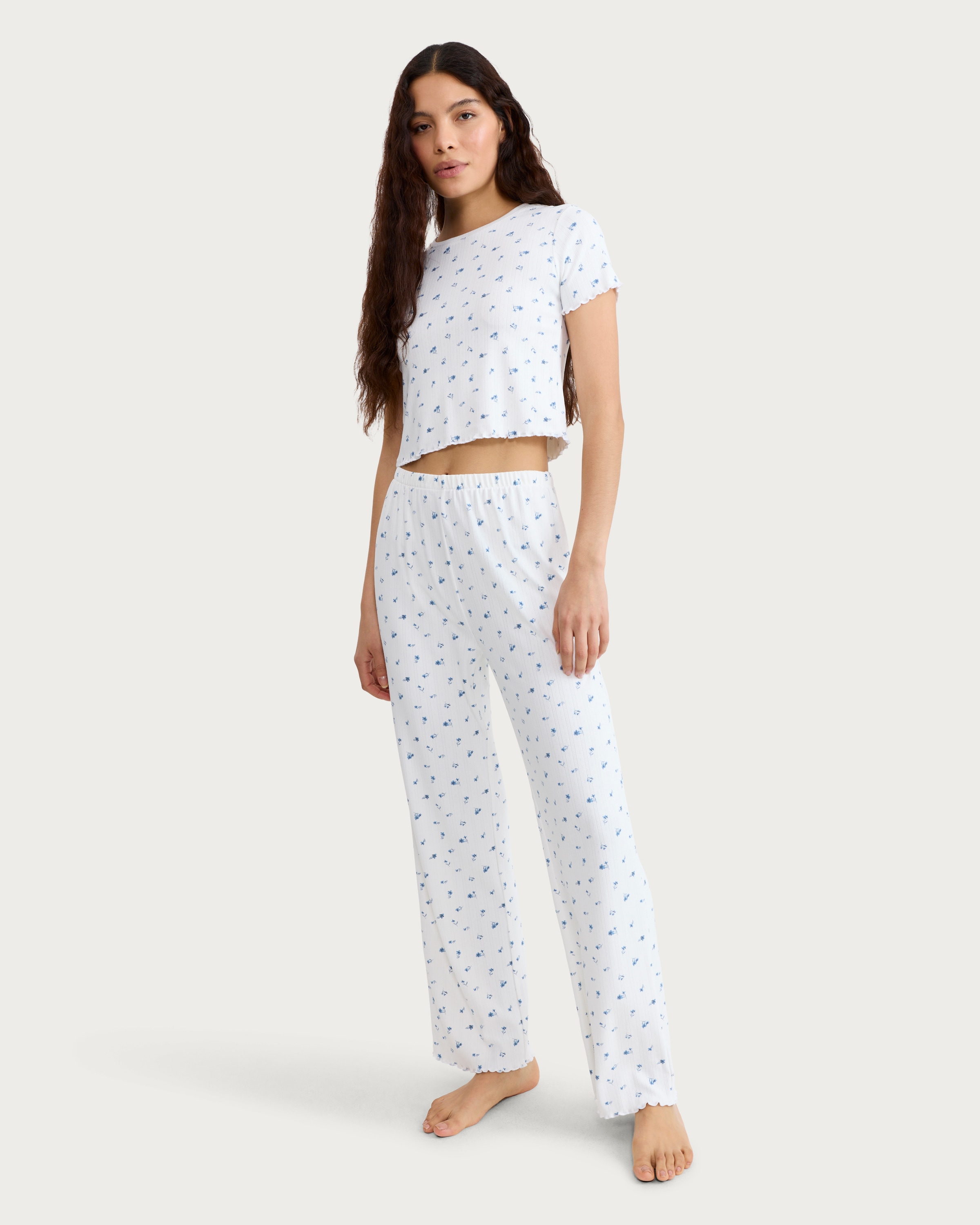F&F Pointelle Ribbed Floral Print Pyjama T-Shirt in Cream