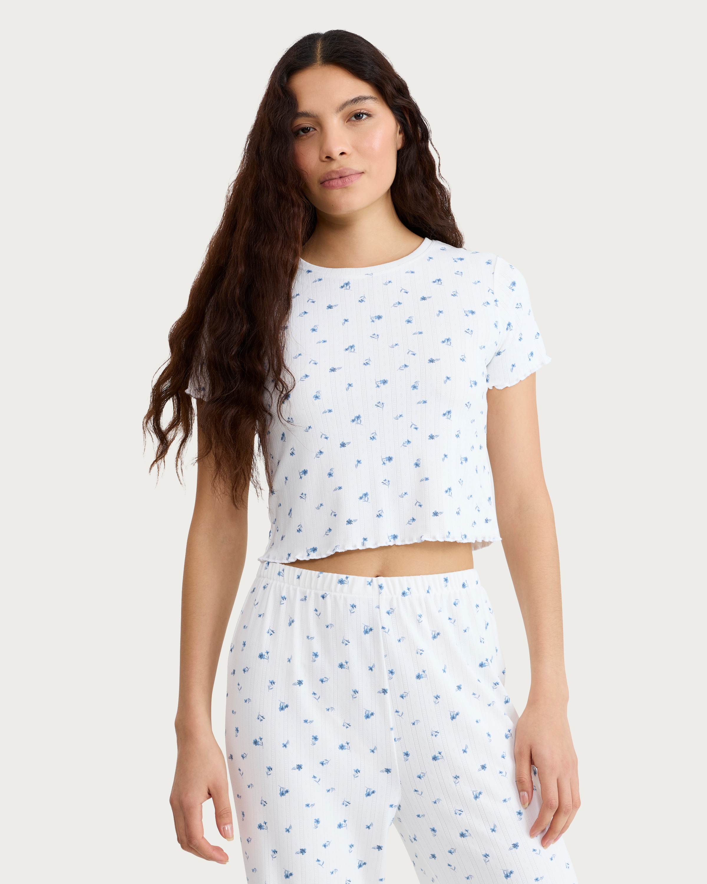 F&F Pointelle Ribbed Floral Print Pyjama T-Shirt in Cream thumbnail 2