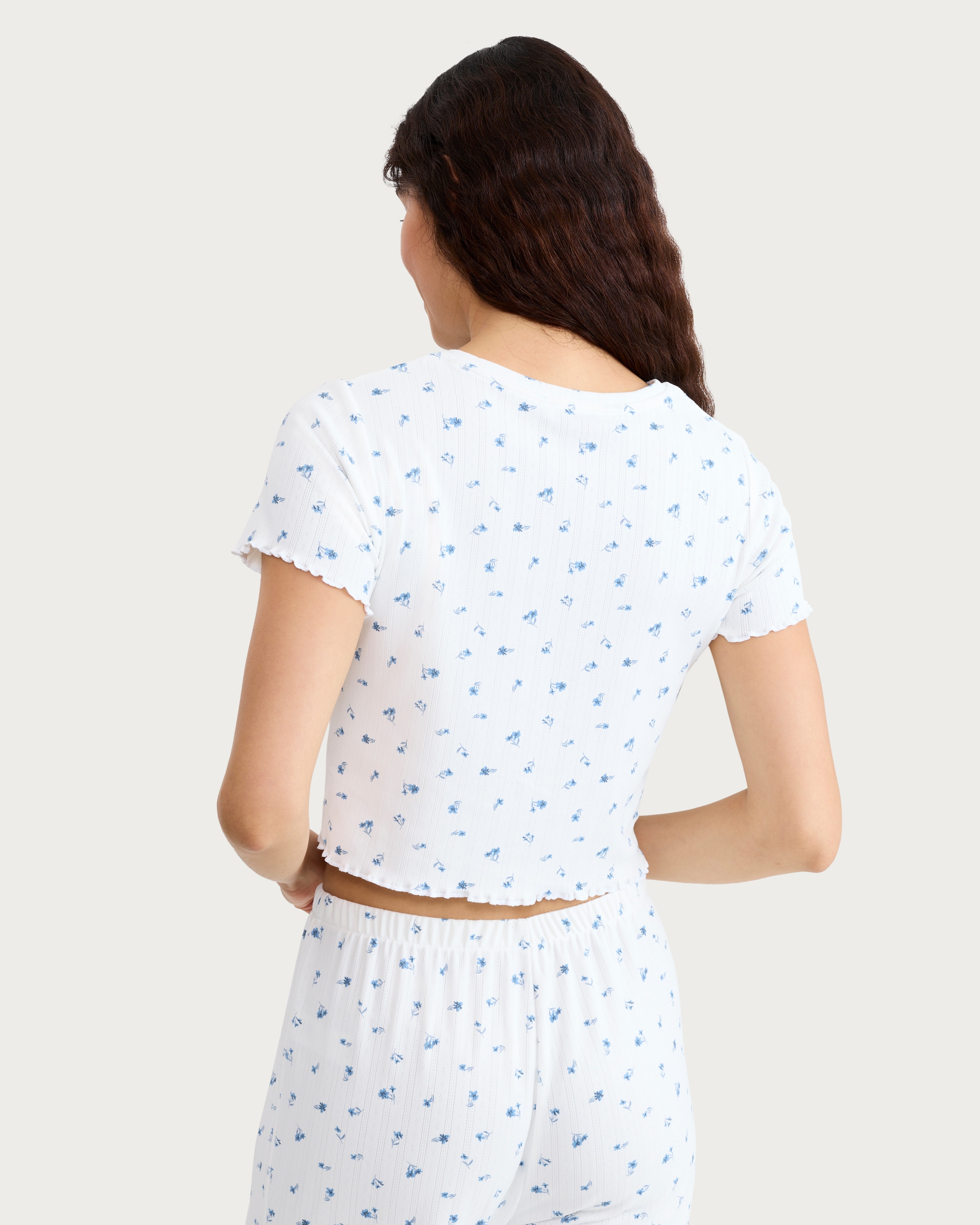 F&F Pointelle Ribbed Floral Print Pyjama T-Shirt in Cream thumbnail 3