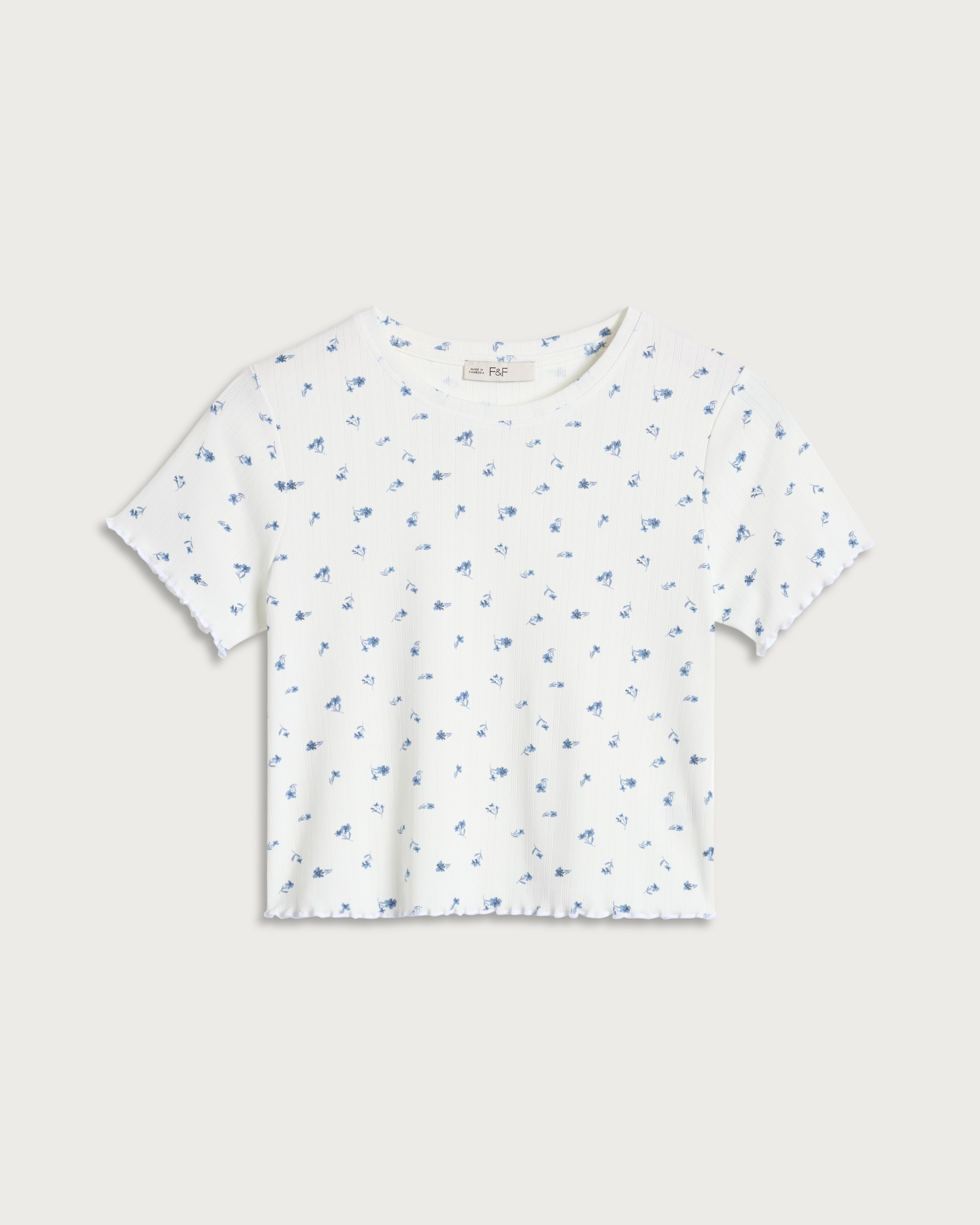 F&F Pointelle Ribbed Floral Print Pyjama T-Shirt in Cream thumbnail 4