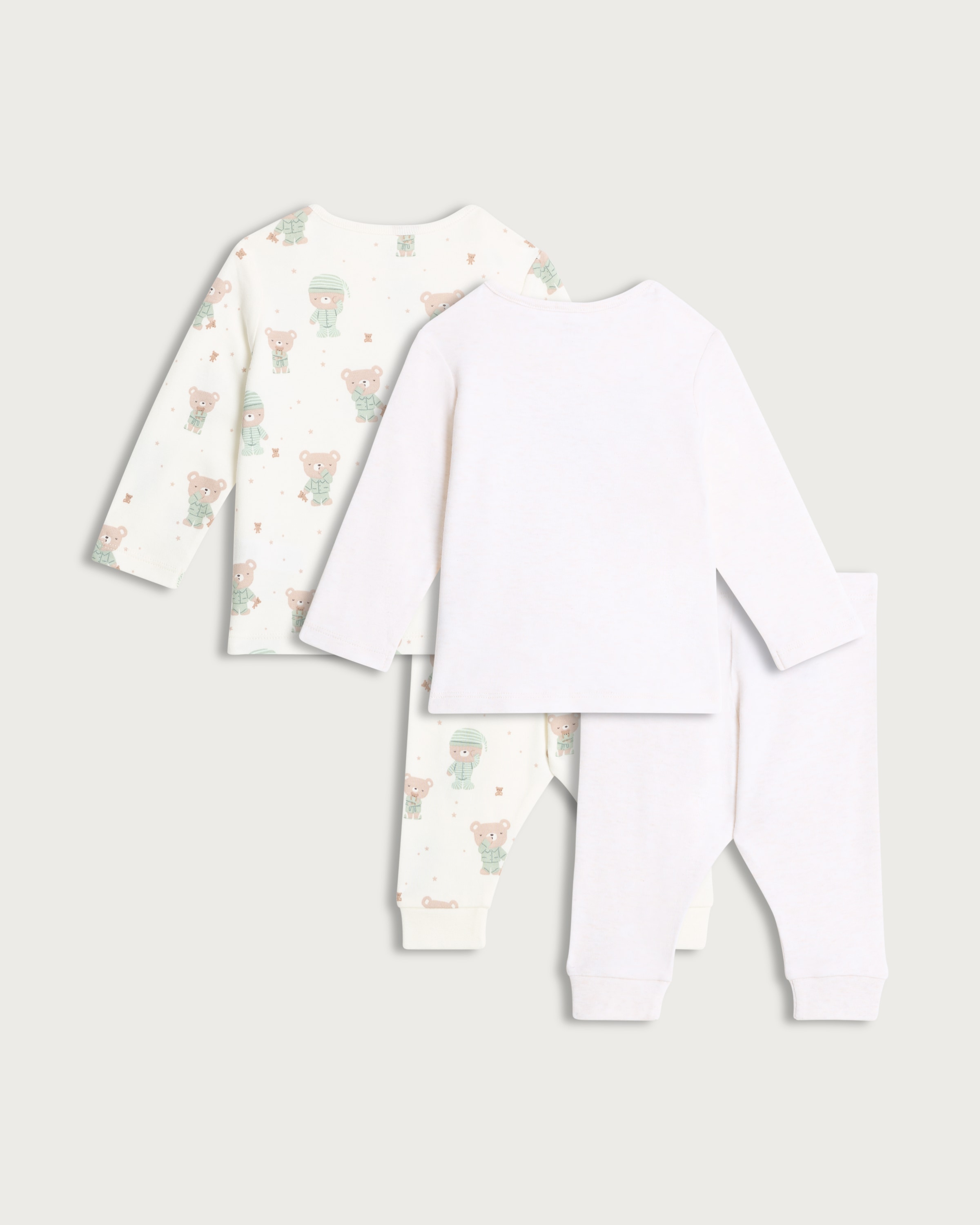 F&F Baby 2-Pack Pure Cotton Bear Print Top and Bottoms Pyjama Set in White thumbnail 2