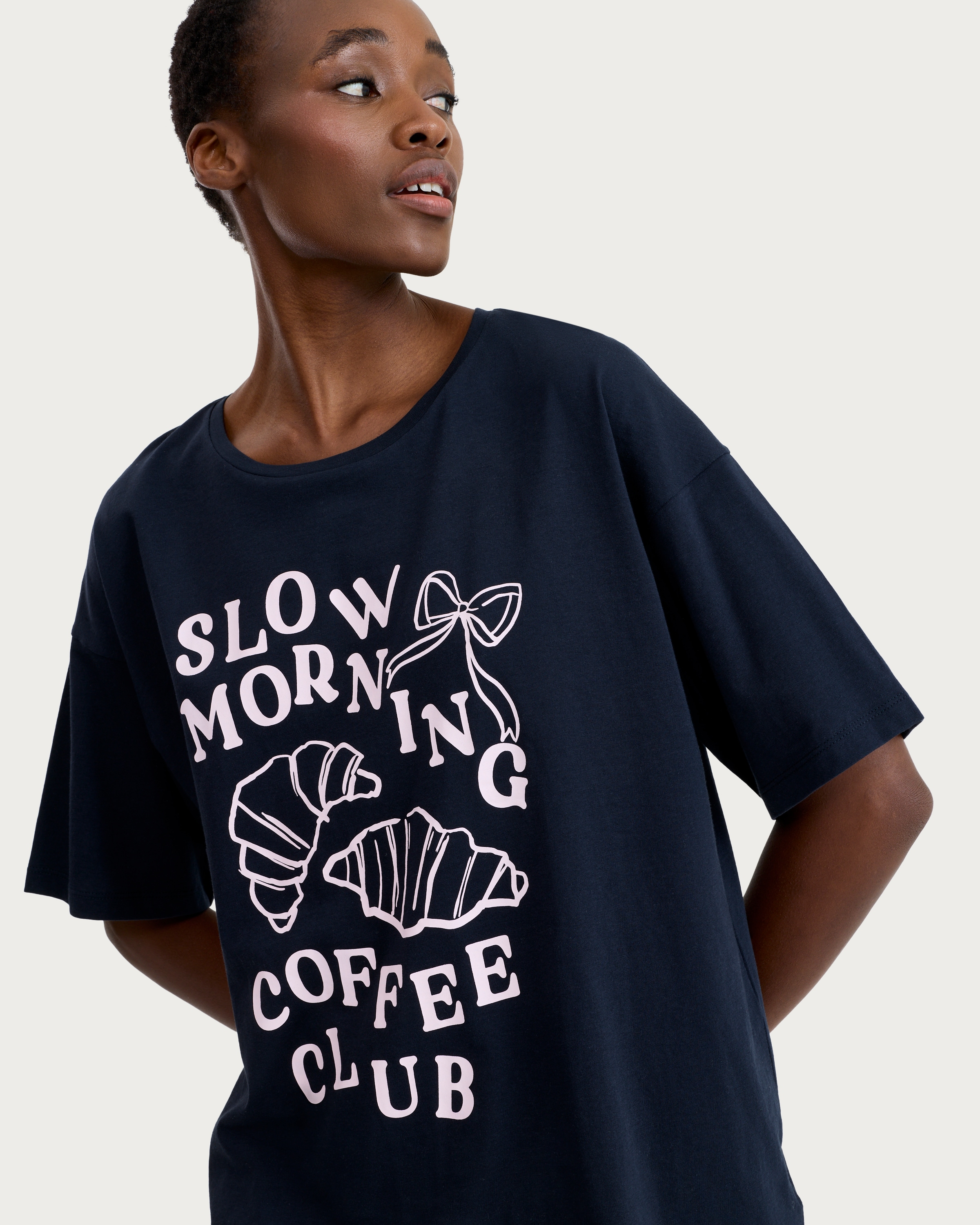 F&F Pure Cotton Coffee Club Pyjama T-Shirt in Navy