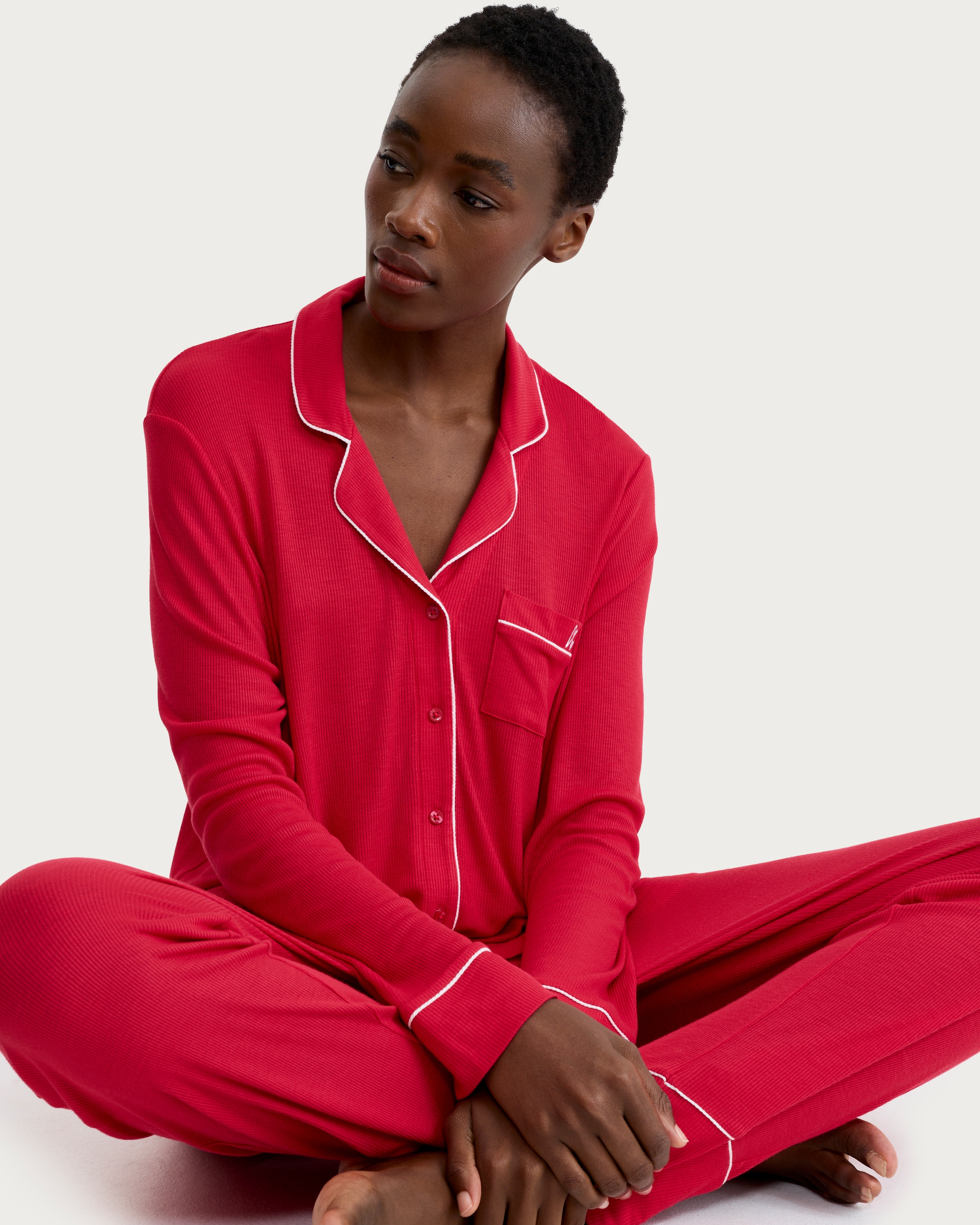 F&F Ribbed Contrast Trim Pyjama Set in Red