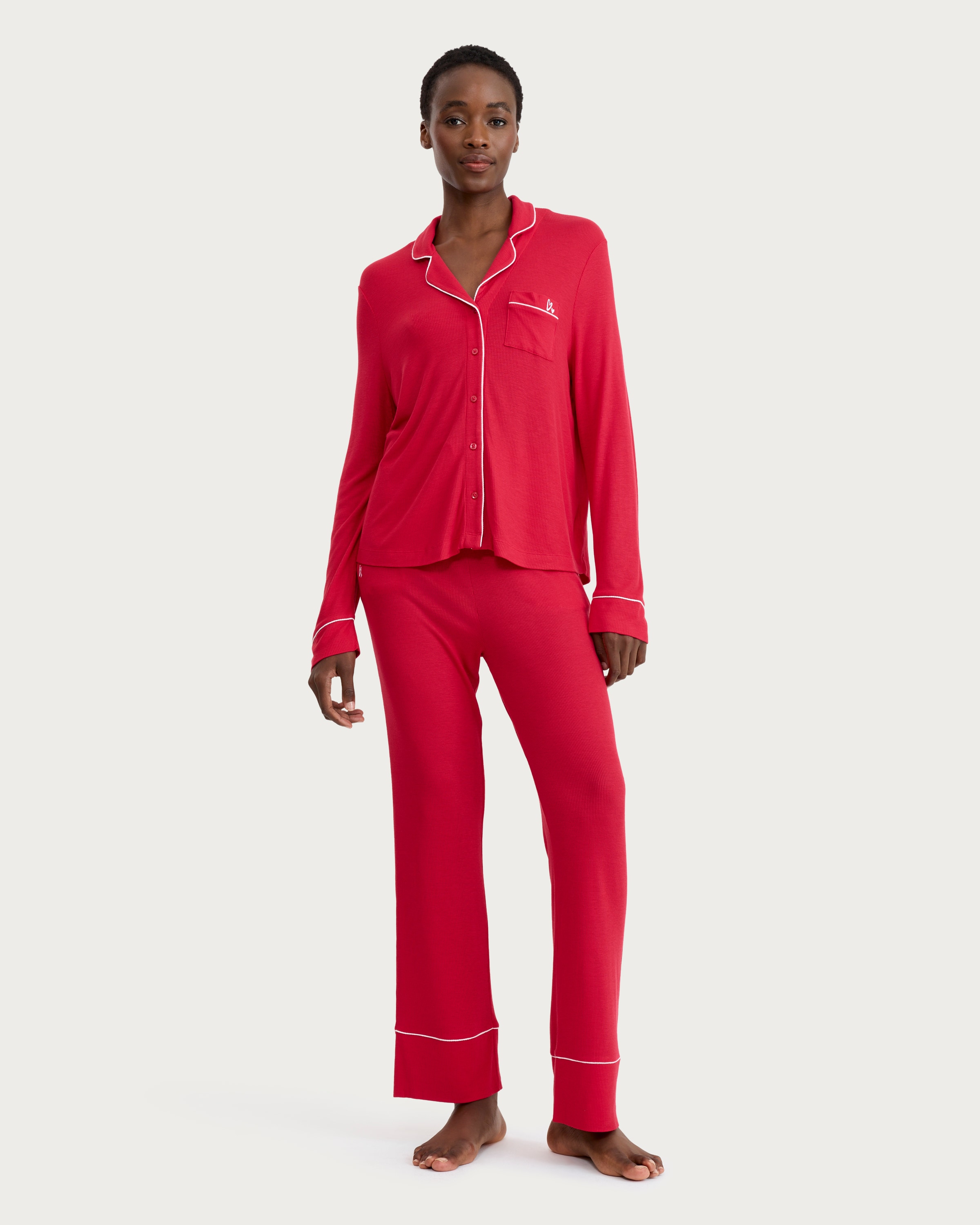 F&F Ribbed Contrast Trim Pyjama Set in Red thumbnail 2