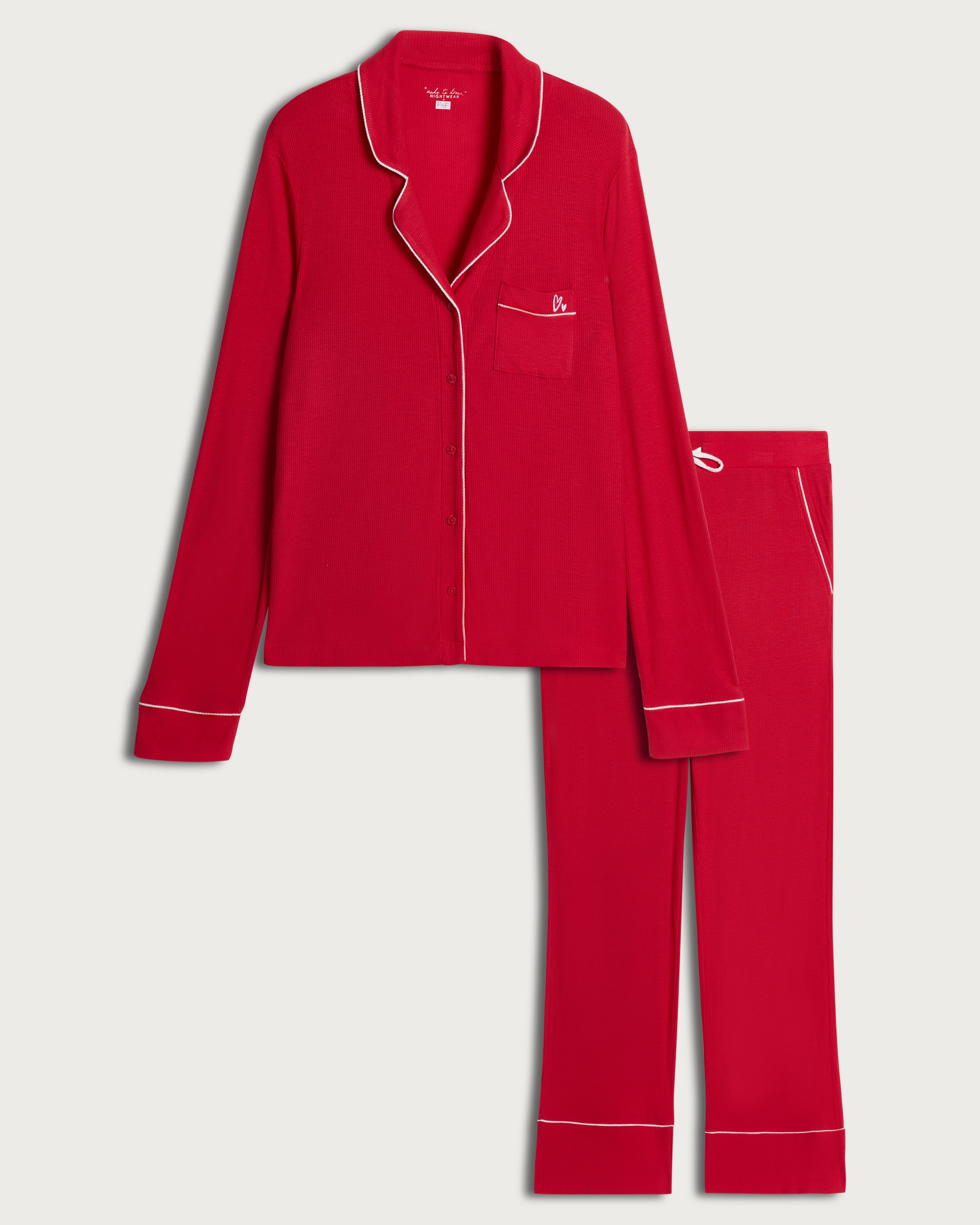 F&F Ribbed Contrast Trim Pyjama Set in Red thumbnail 4