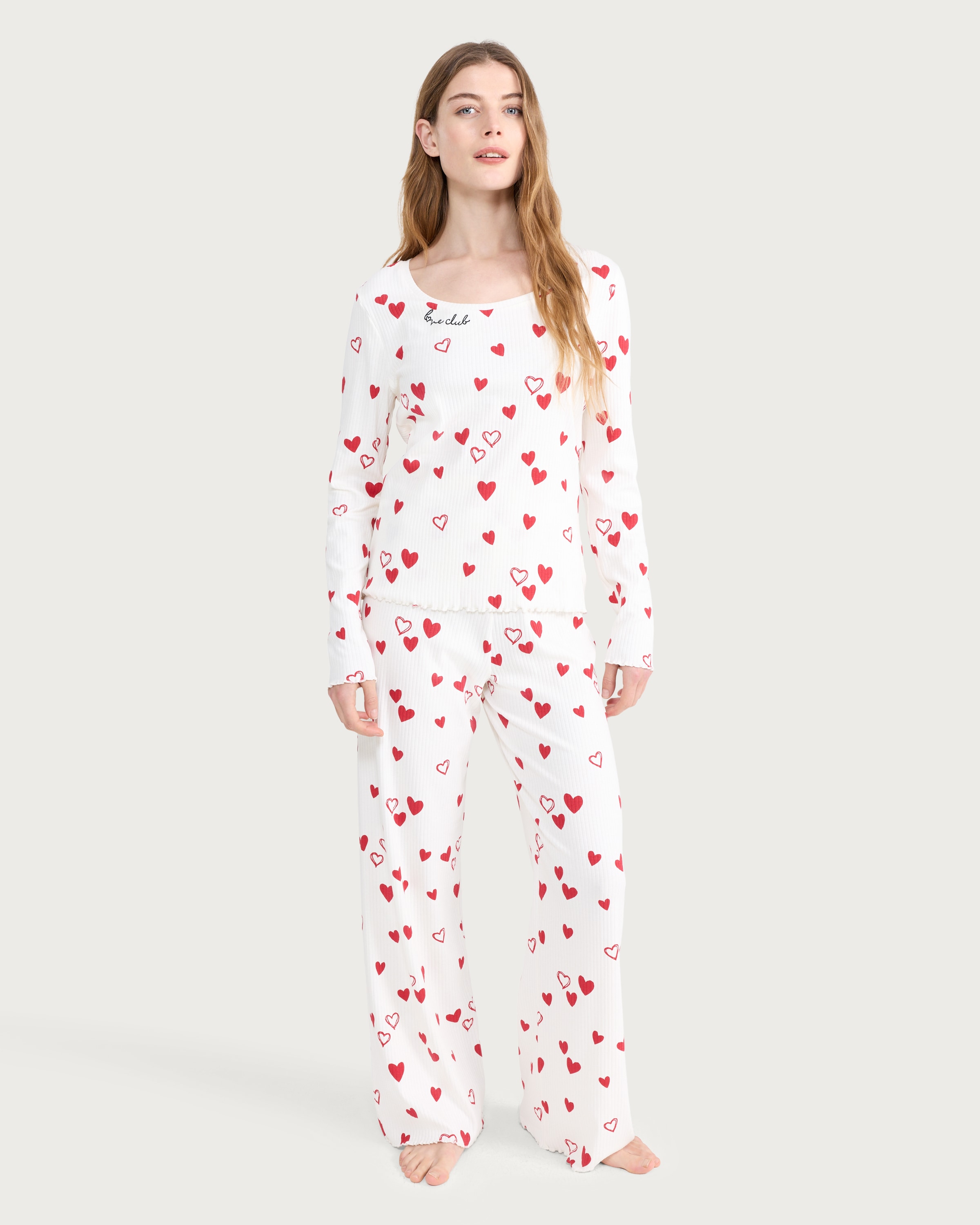 F&F Cotton Rich Ribbed Heart Print Top and Bottoms Pyjama Set in Cream thumbnail 2