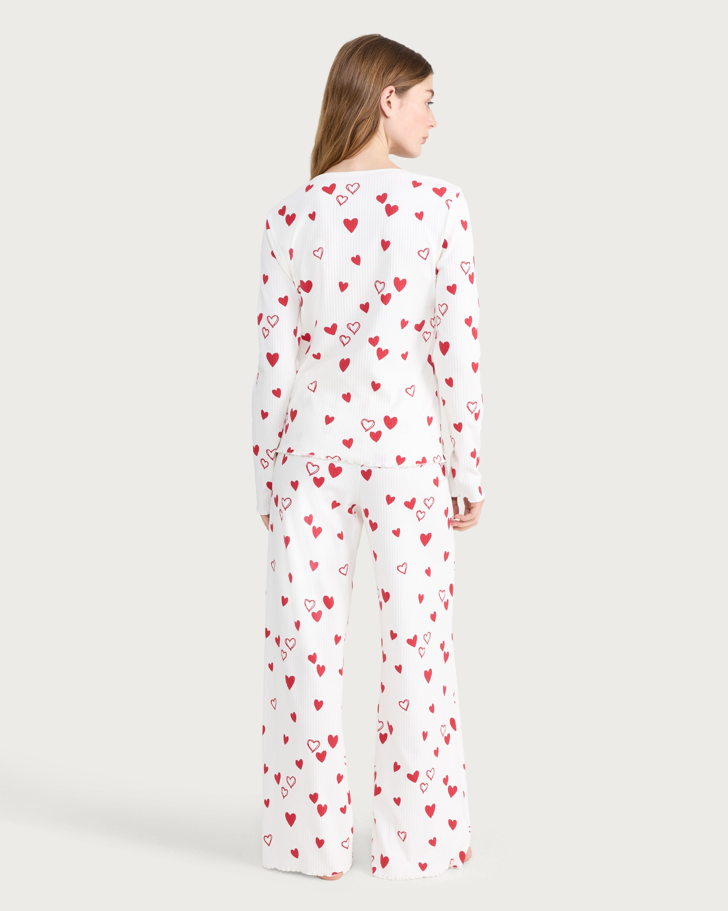 F&F Cotton Rich Ribbed Heart Print Top and Bottoms Pyjama Set in Cream thumbnail 3