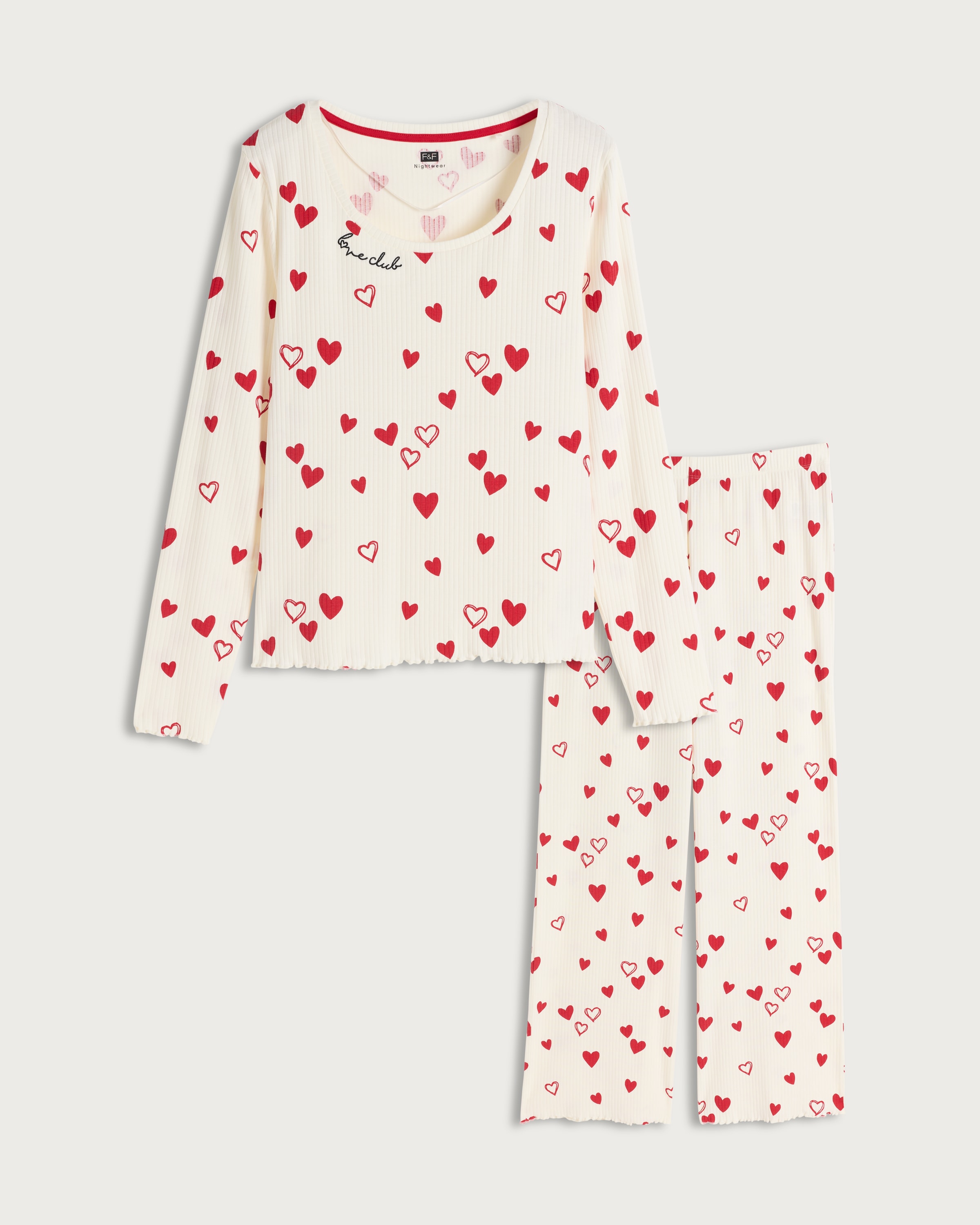 F&F Cotton Rich Ribbed Heart Print Top and Bottoms Pyjama Set in Cream thumbnail 4