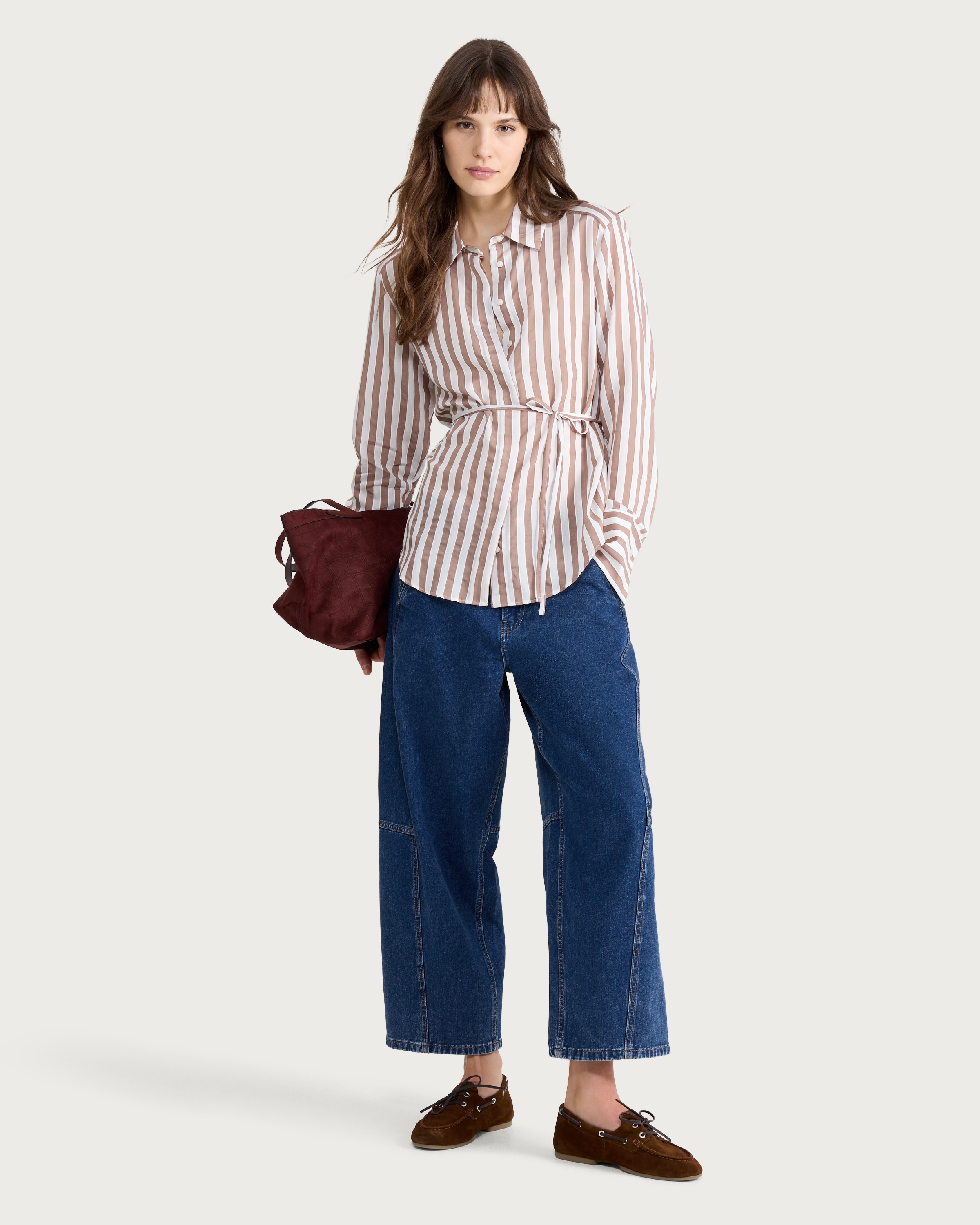 F&F Textured Striped Tie Waist Shirt in Neutral