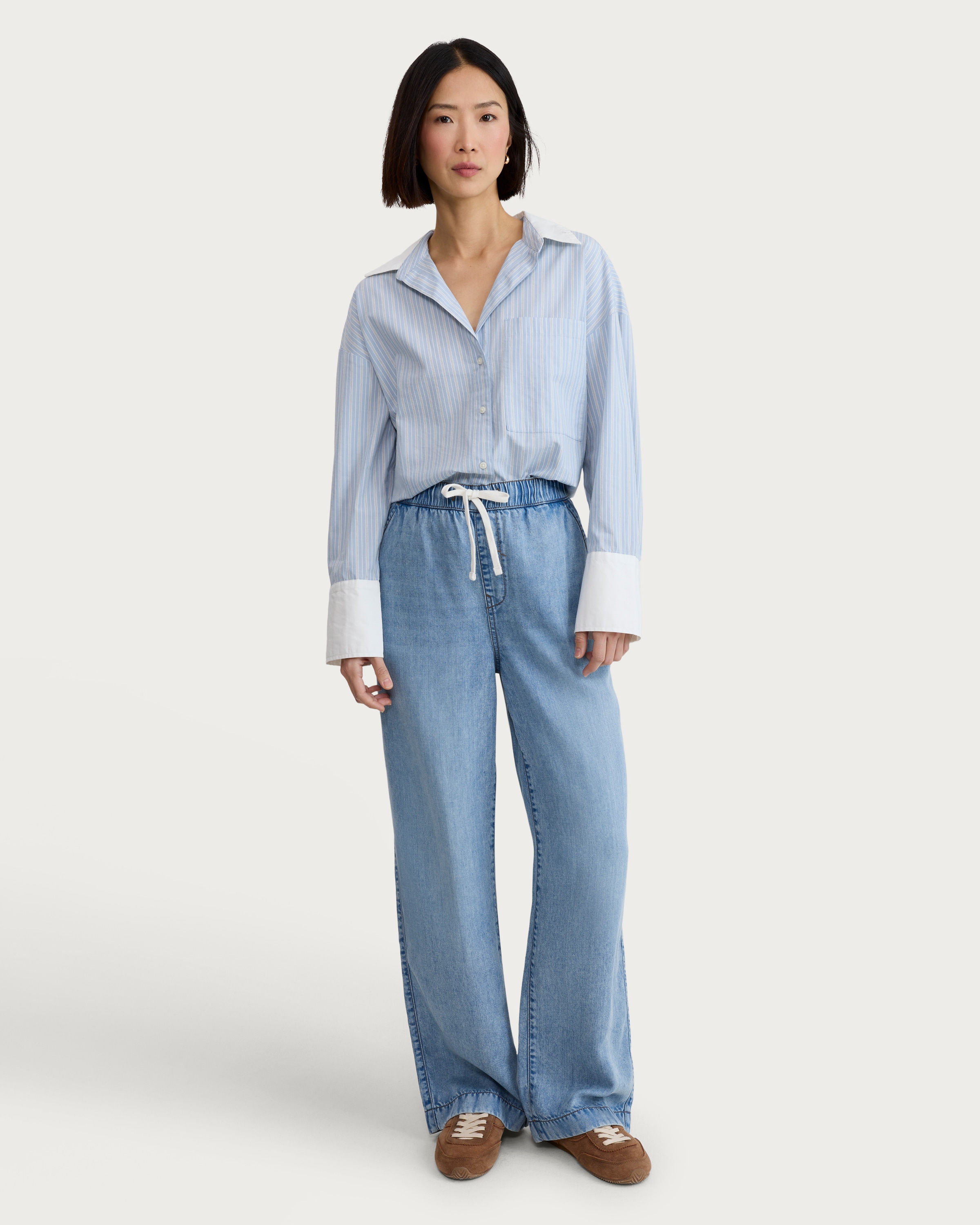 The F&F Edit Pure Lyocell Wide Leg Drawstring Jeans in Blue