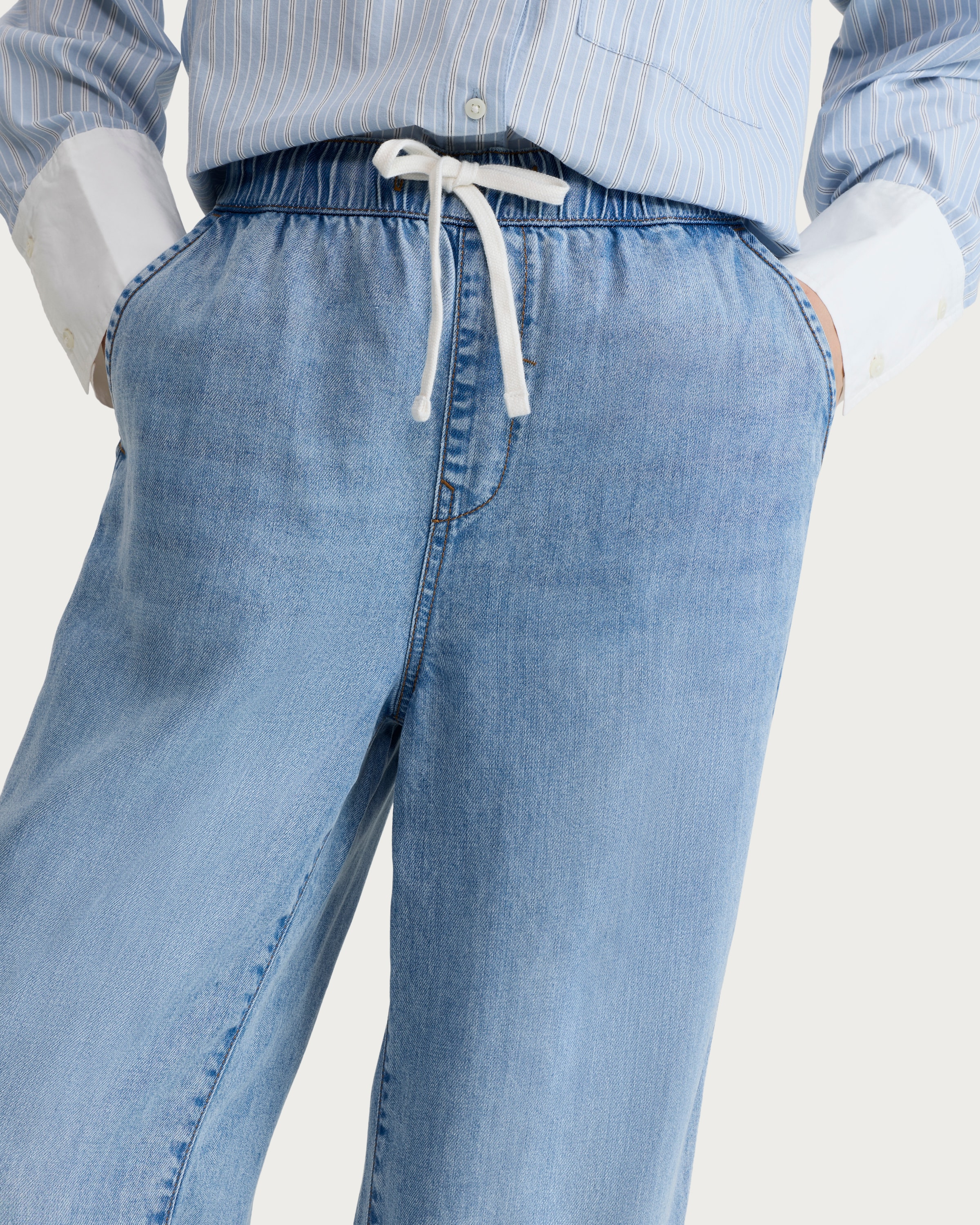 The F&F Edit Pure Lyocell Wide Leg Drawstring Jeans in Blue thumbnail 2