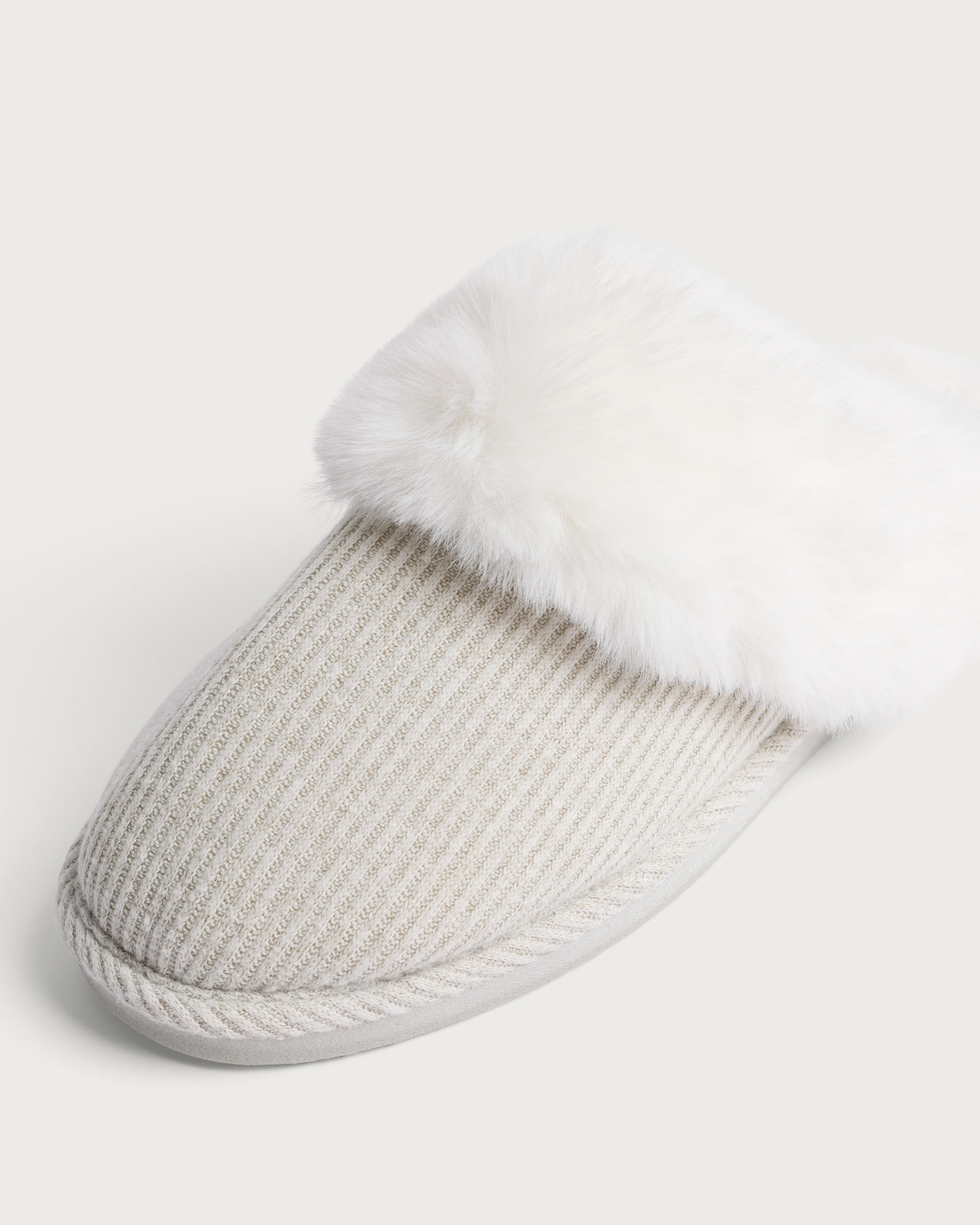 F&F Ribbed Faux Fur Trim Mule Slippers in Grey thumbnail 3