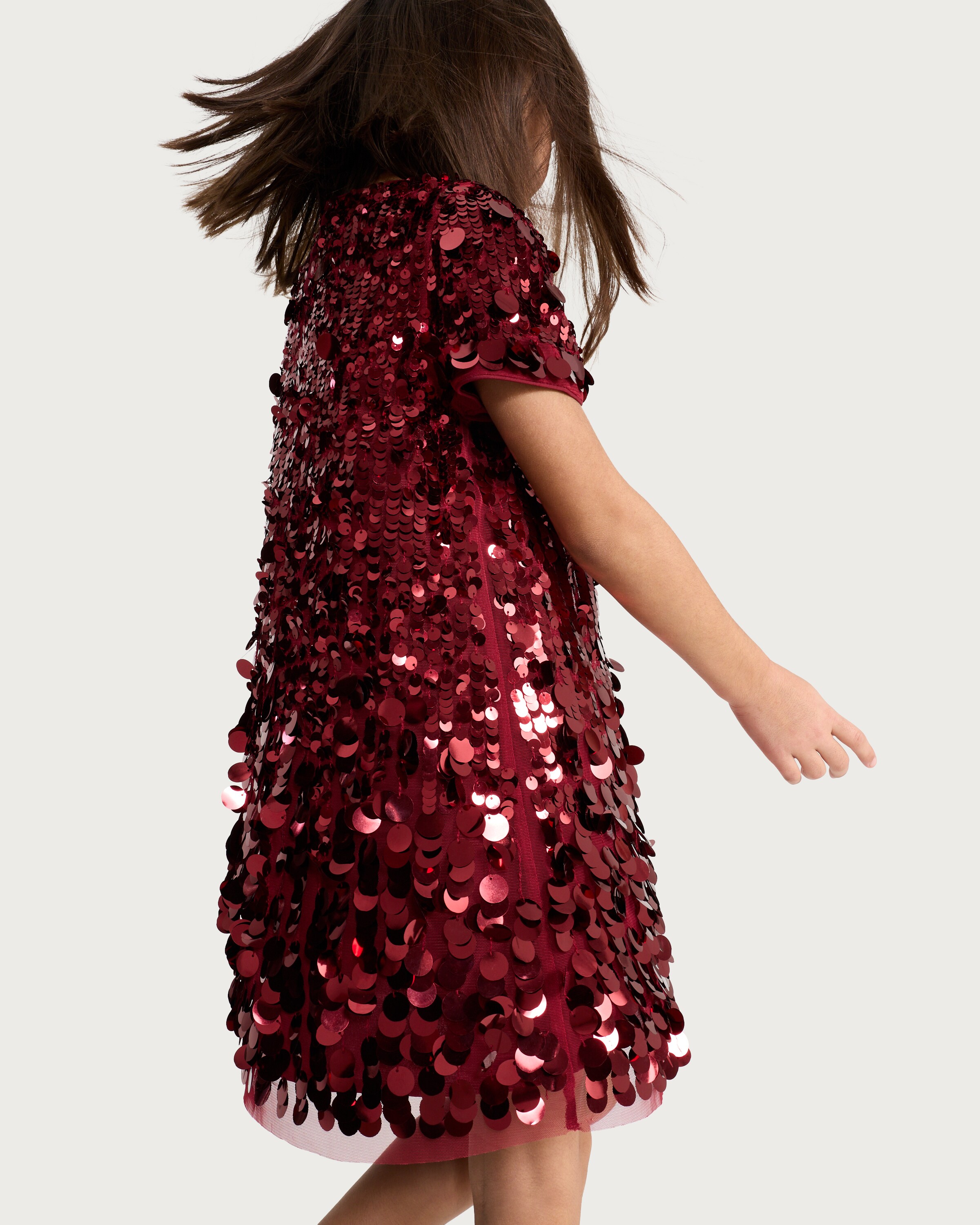F&F Girls Sequin Embellished Short Sleeved Dress in Burgundy
