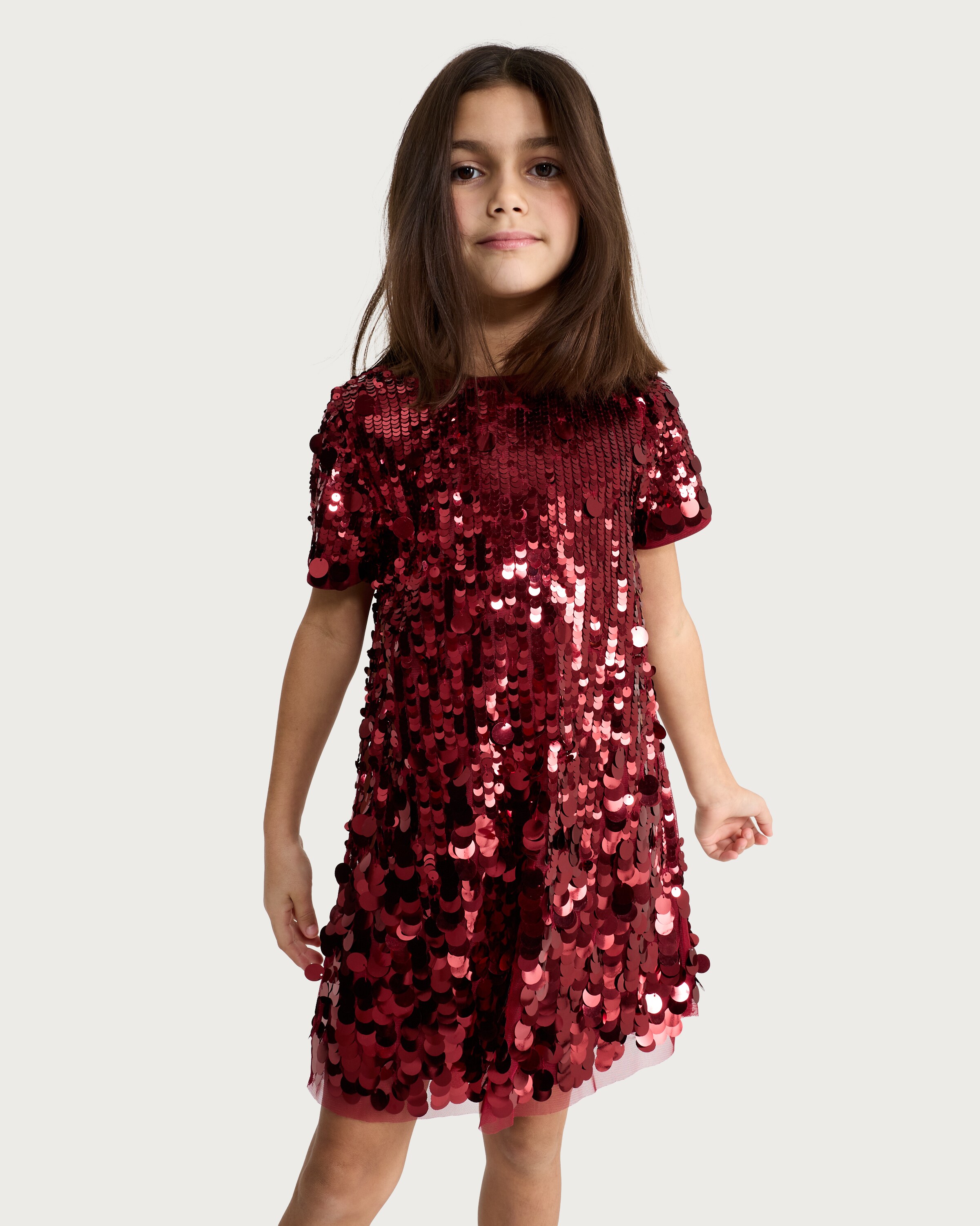 F&F Girls Sequin Embellished Short Sleeved Dress in Burgundy thumbnail 2