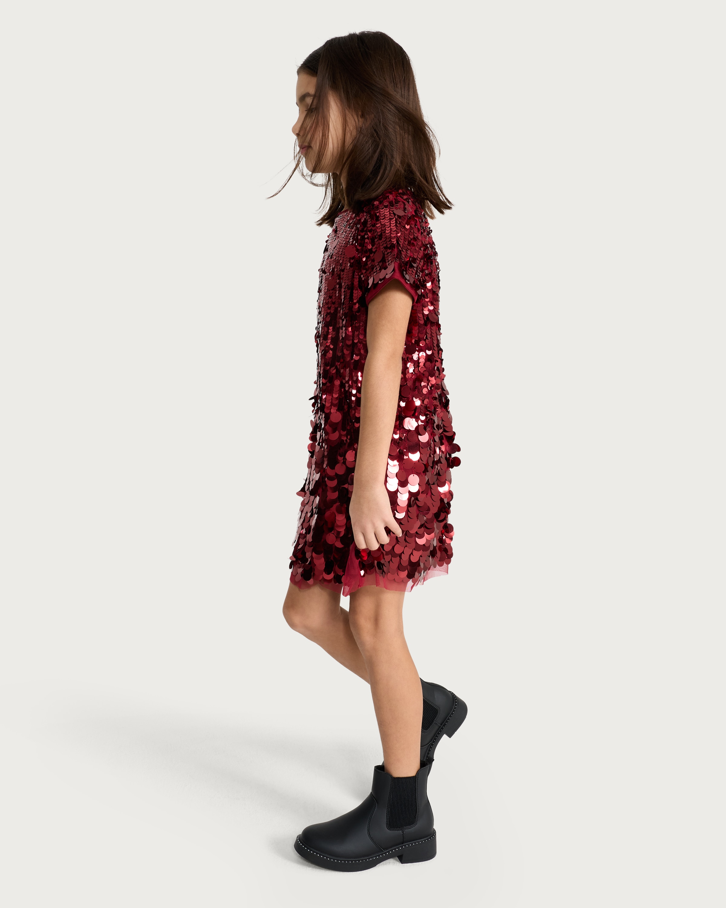 F&F Girls Sequin Embellished Short Sleeved Dress in Burgundy thumbnail 3