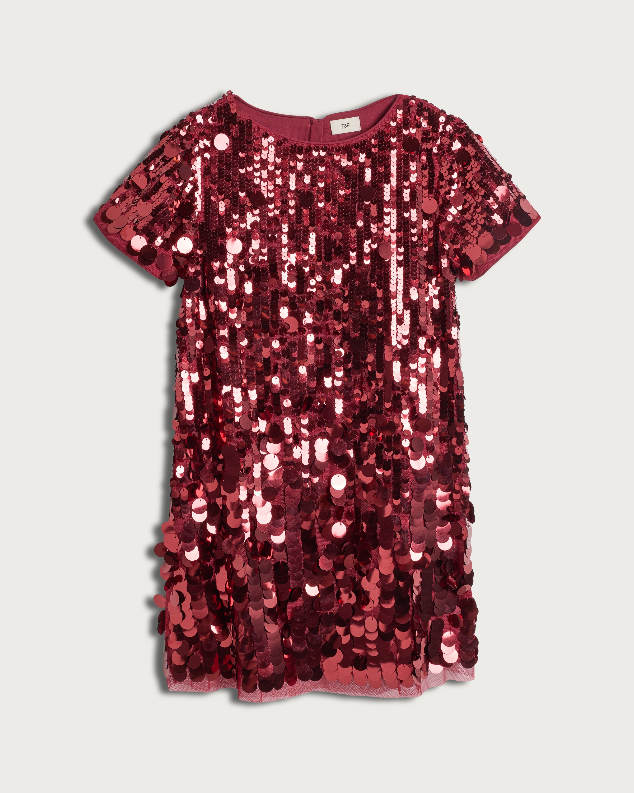 F&F Girls Sequin Embellished Short Sleeved Dress in Burgundy thumbnail 4