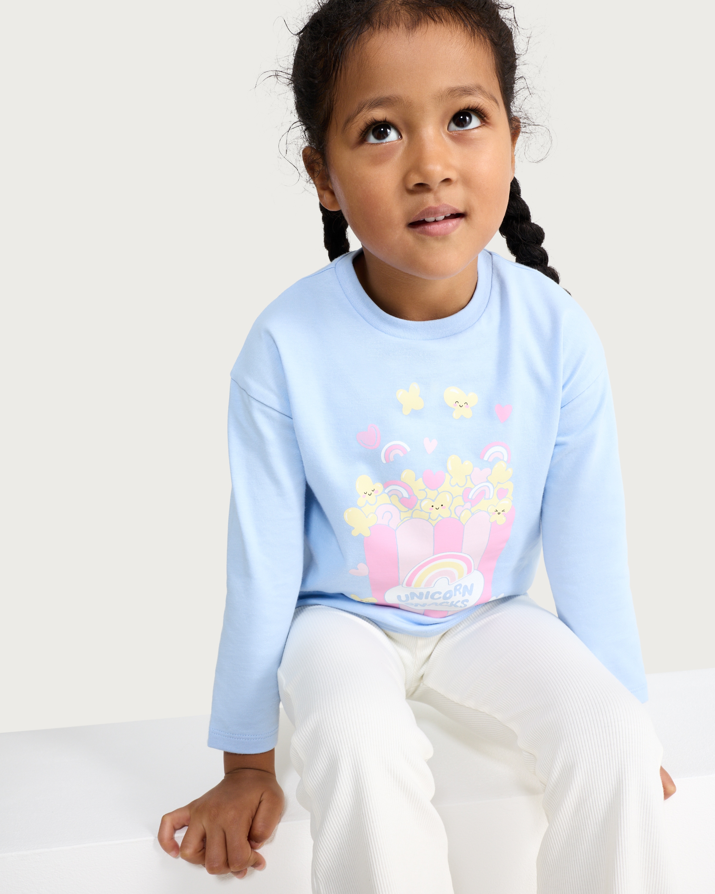 F&F Girls Pure Cotton Unicorn Snacks Long Sleeved Top in Blue thumbnail 2