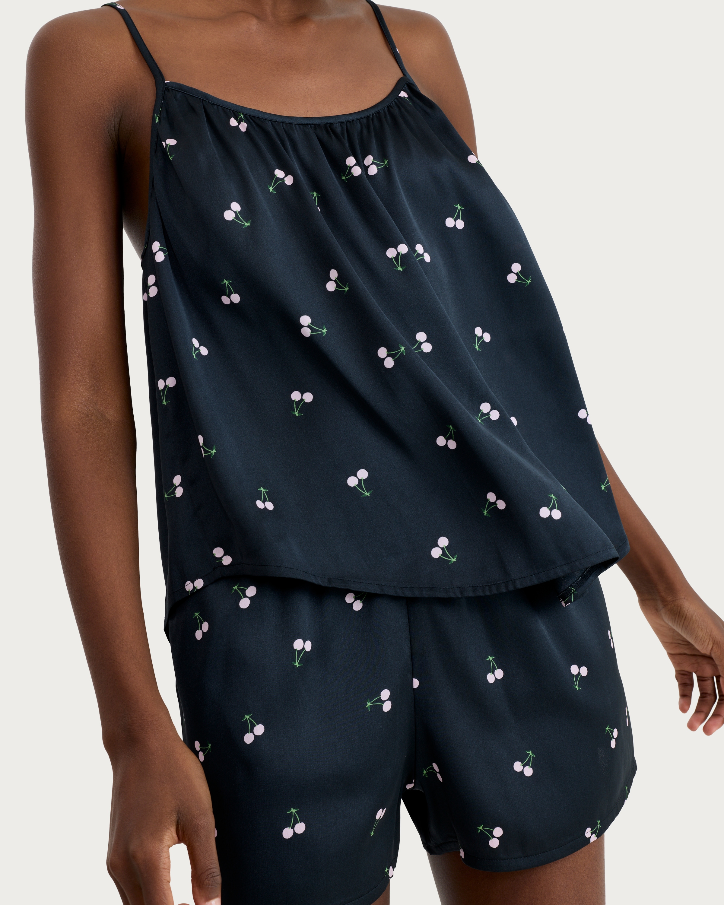 F&F Satin Cherry Print Pyjama Set in Multi Black