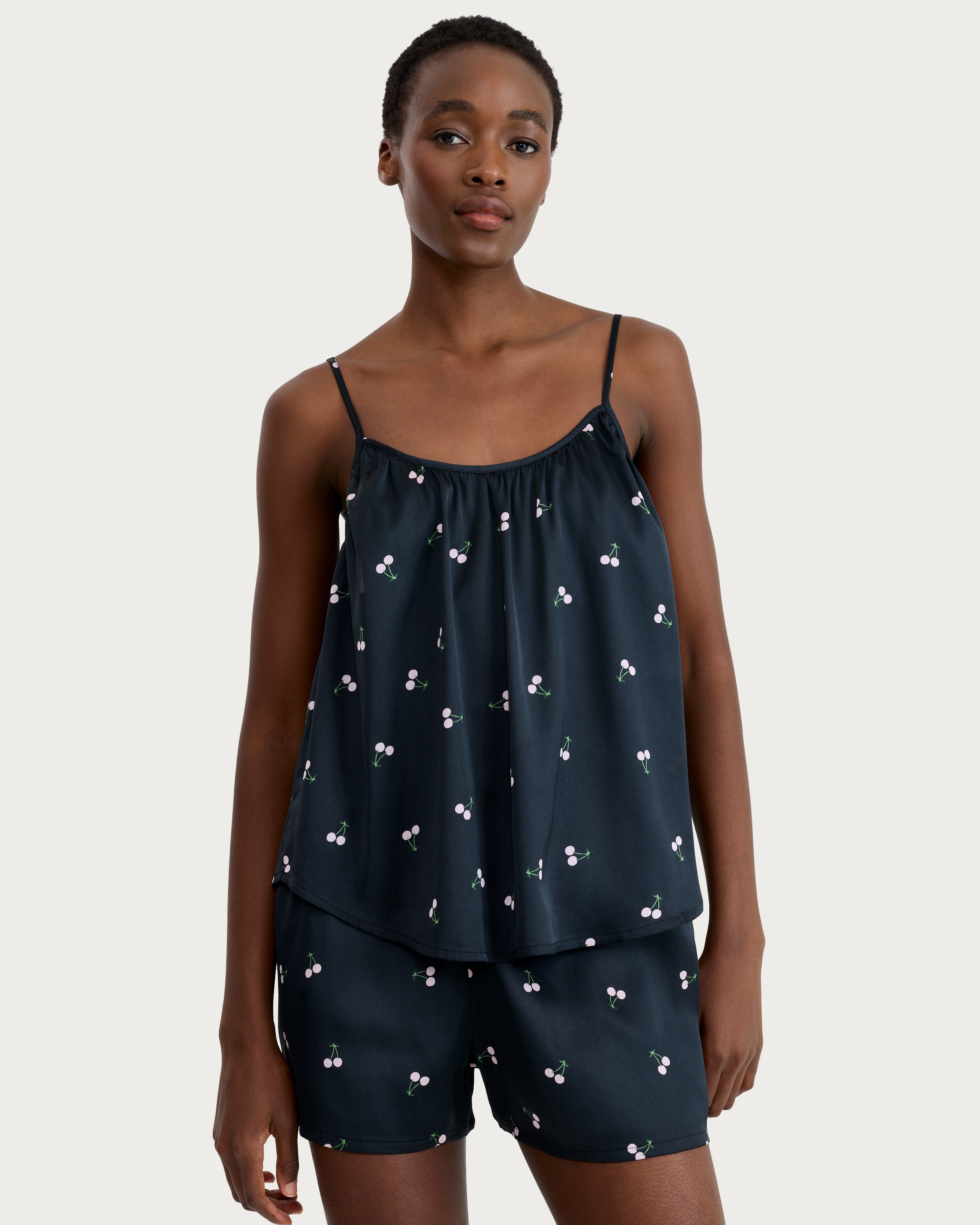 F&F Satin Cherry Print Pyjama Set in Multi Black thumbnail 2