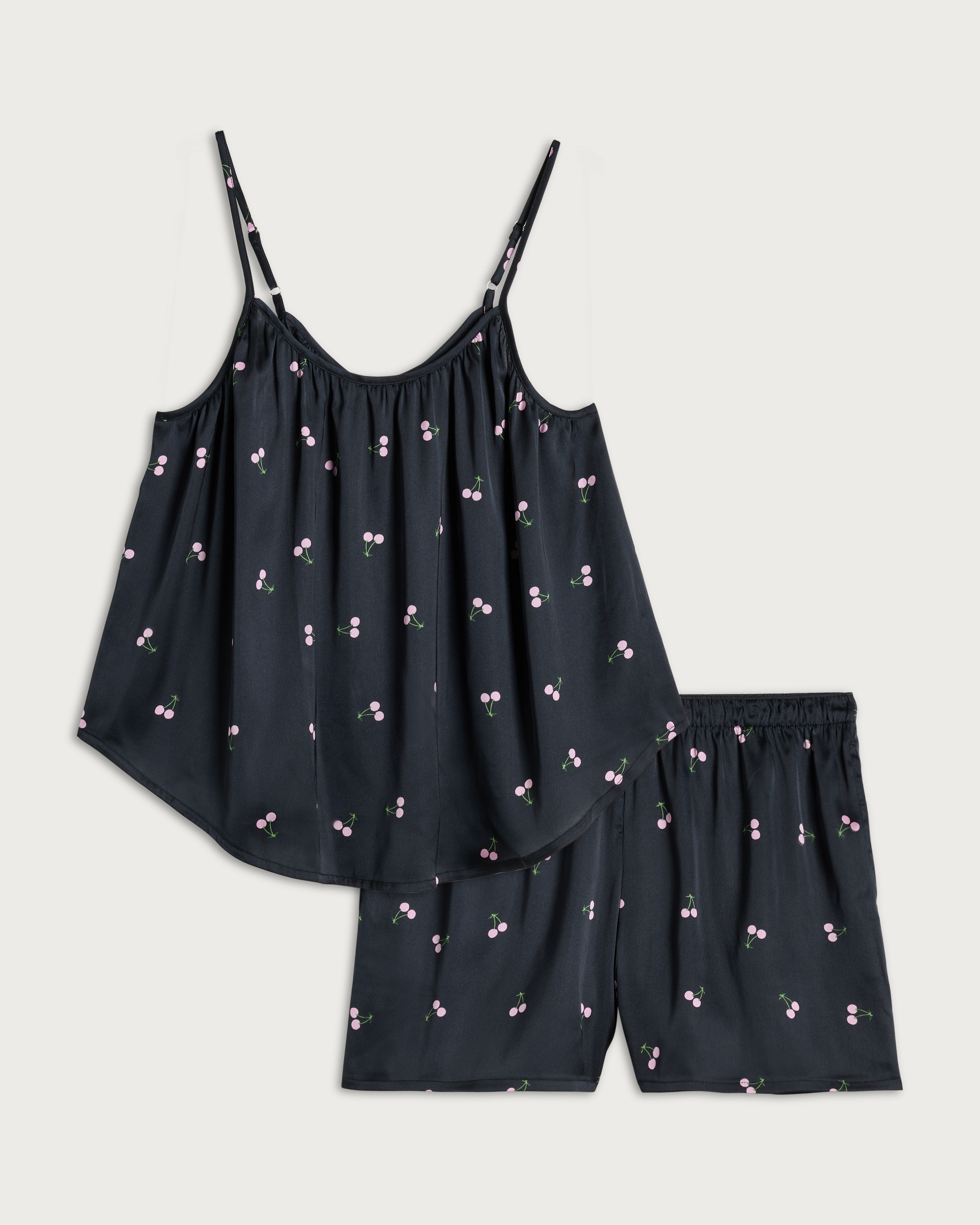 F&F Satin Cherry Print Pyjama Set in Multi Black thumbnail 4