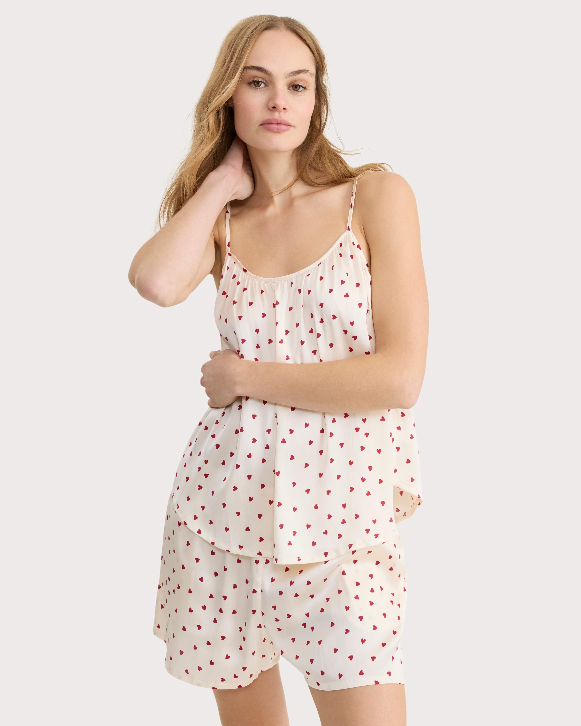 F&F Satin Heart Print Pyjama Set in Cream