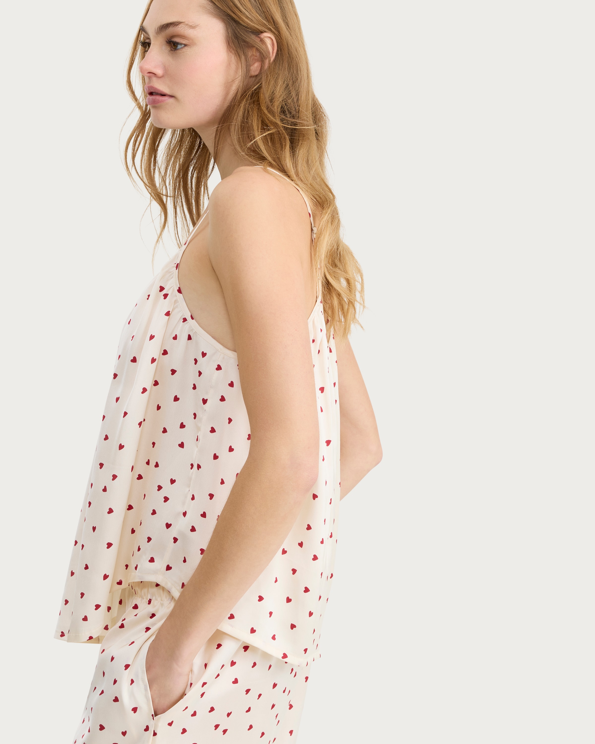 F&F Satin Heart Print Pyjama Set in Cream thumbnail 2
