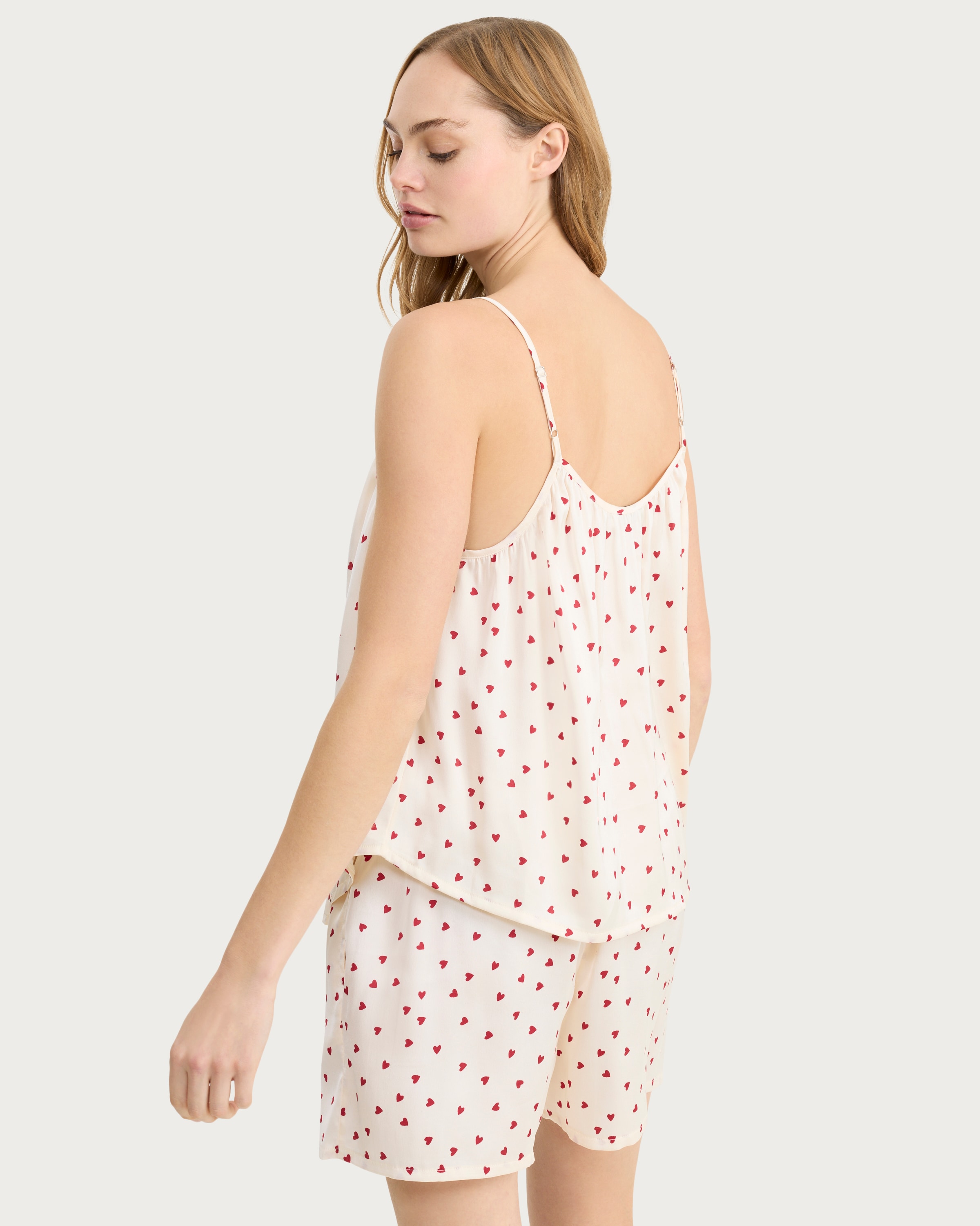 F&F Satin Heart Print Pyjama Set in Cream thumbnail 3