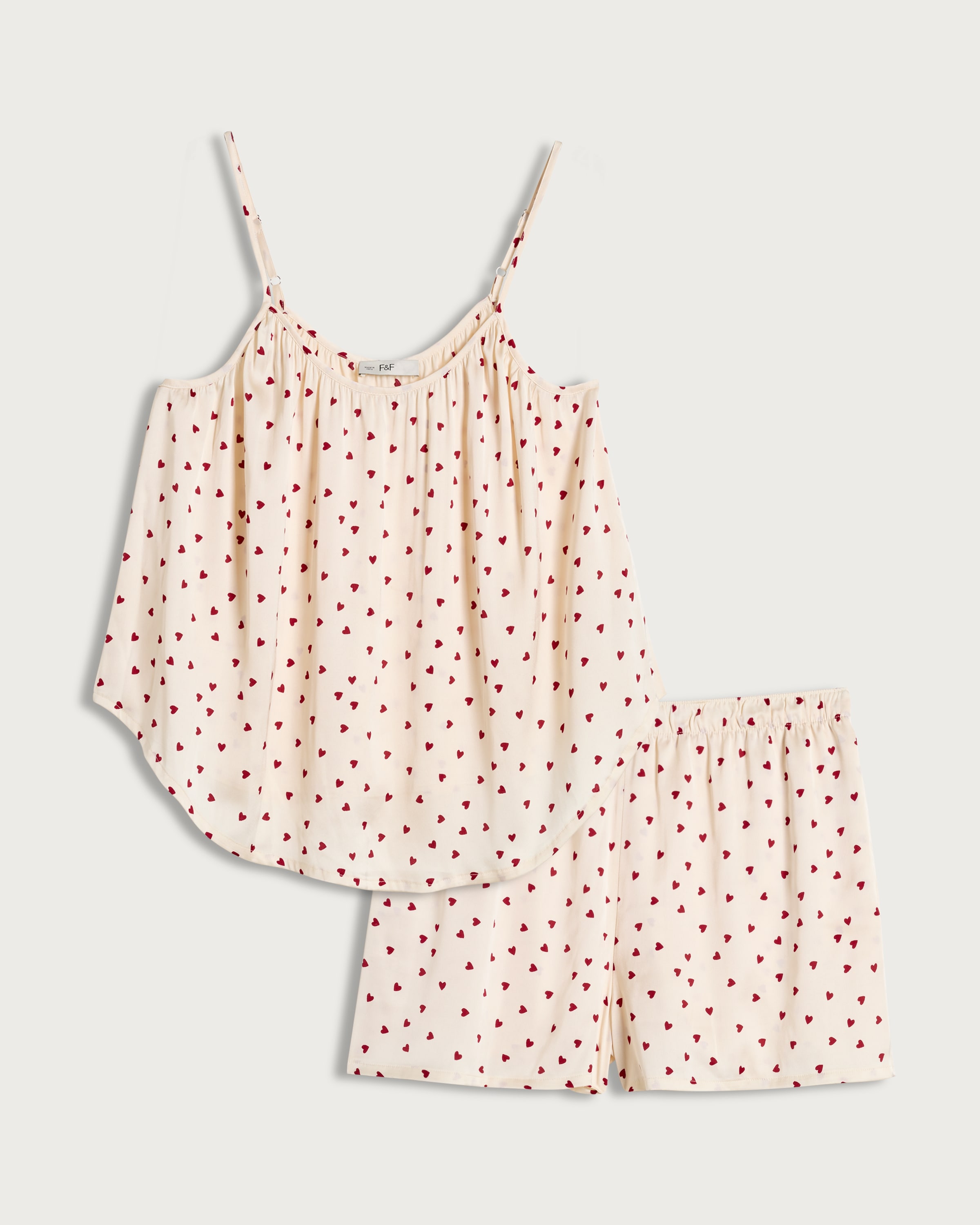 F&F Satin Heart Print Pyjama Set in Cream thumbnail 4