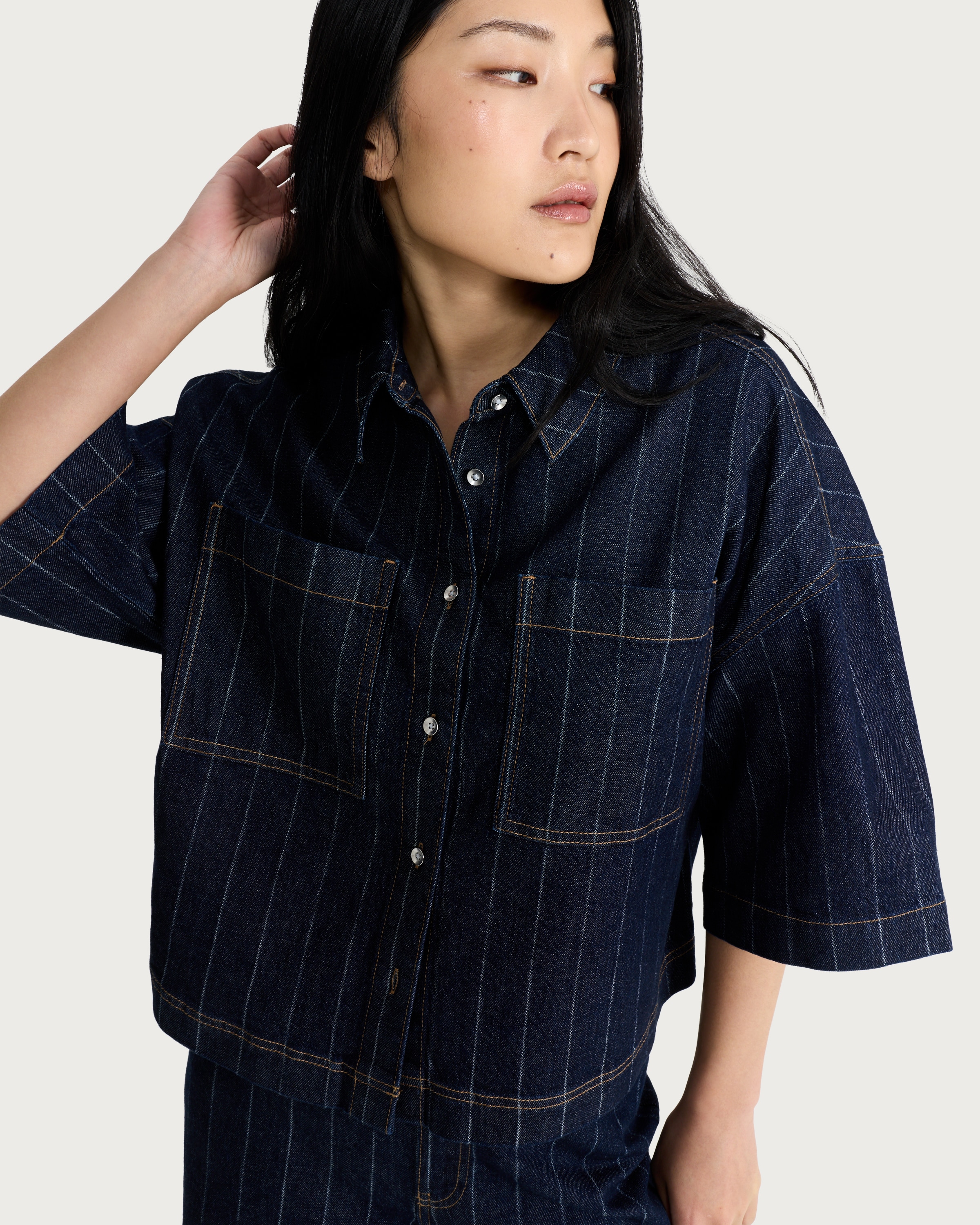 F&F Cotton Rich Pinstripe Cropped Co-ord Shirt in Navy