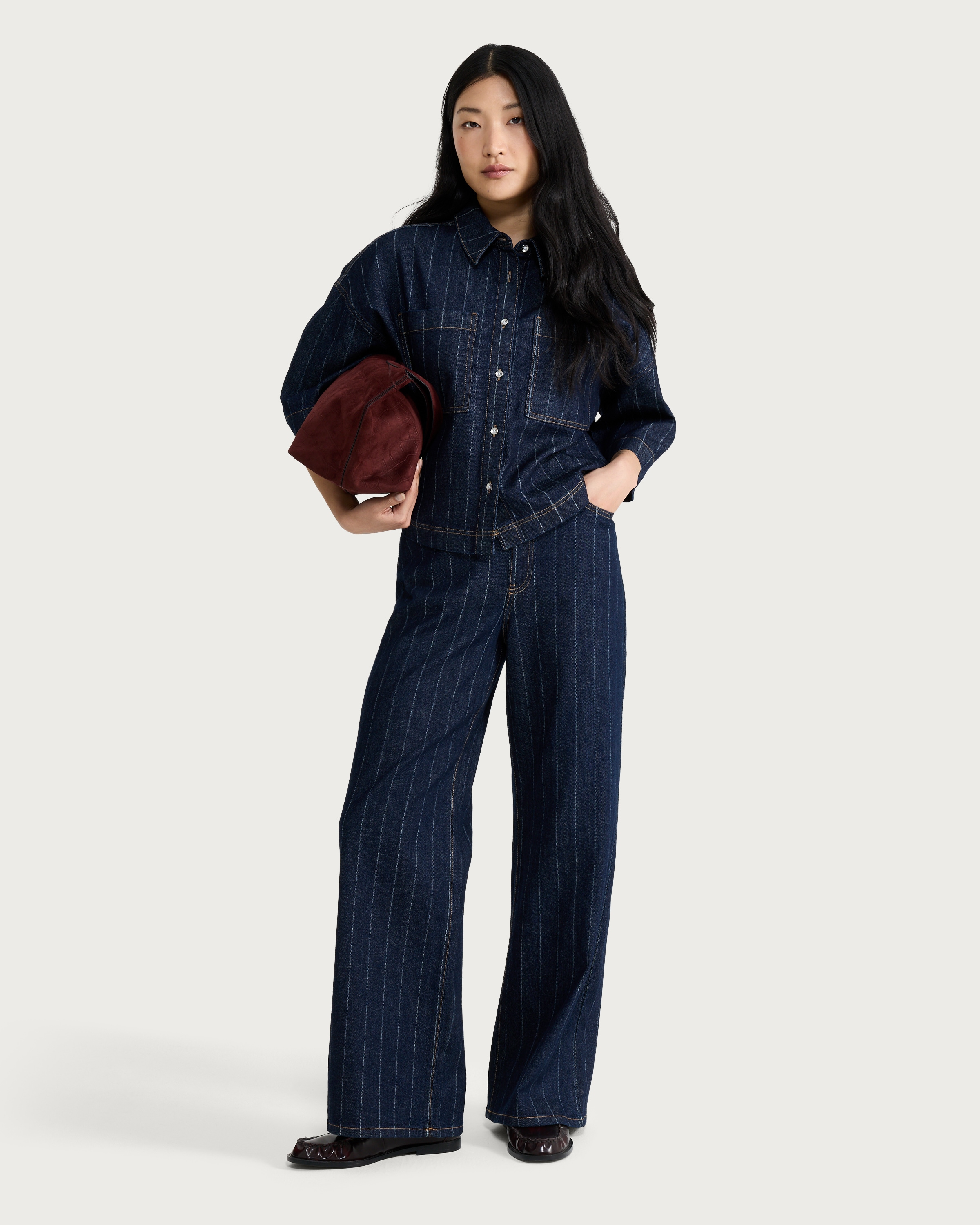 F&F Cotton Rich Pinstripe Cropped Co-ord Shirt in Navy thumbnail 2