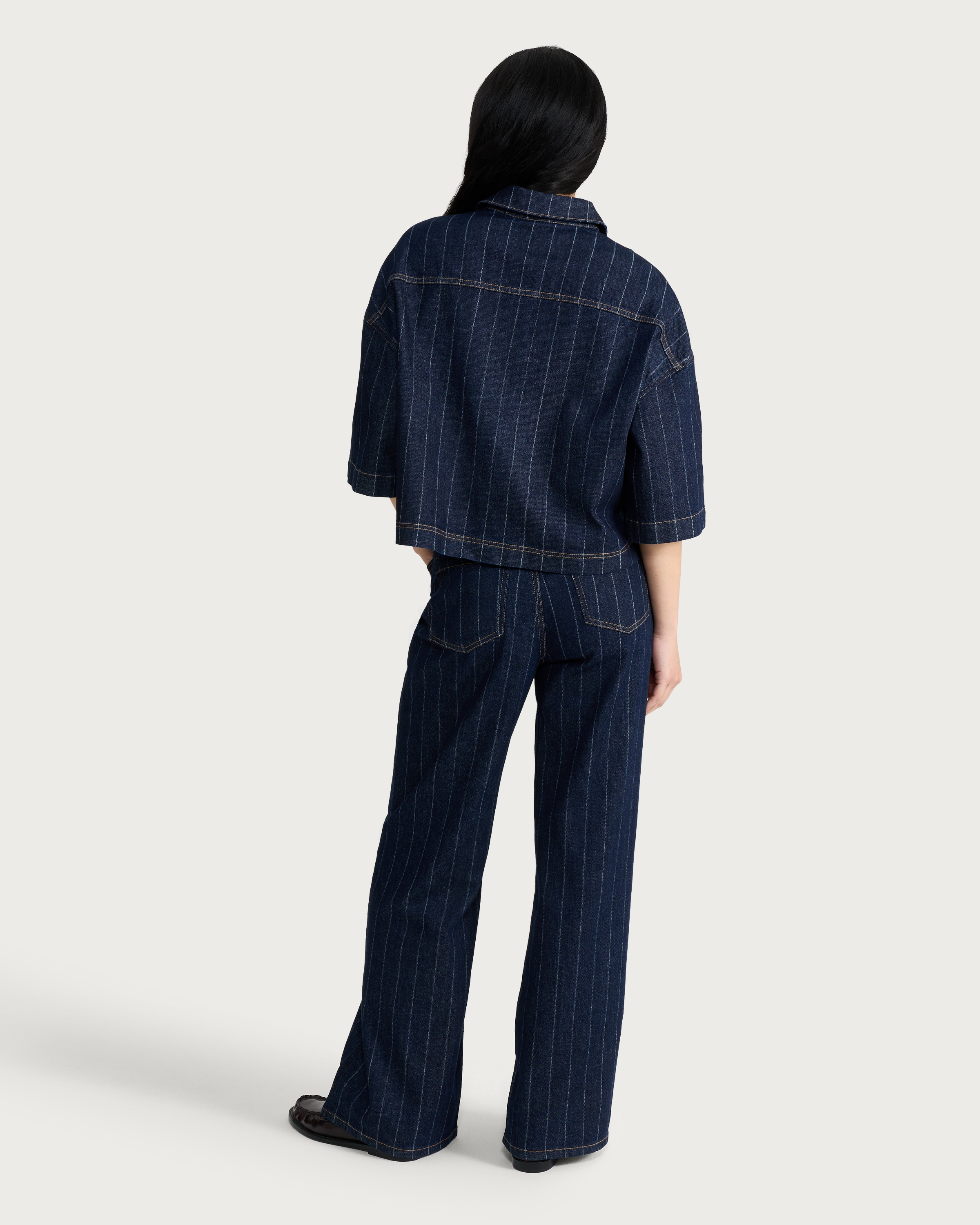 F&F Cotton Rich Pinstripe Cropped Co-ord Shirt in Navy thumbnail 3