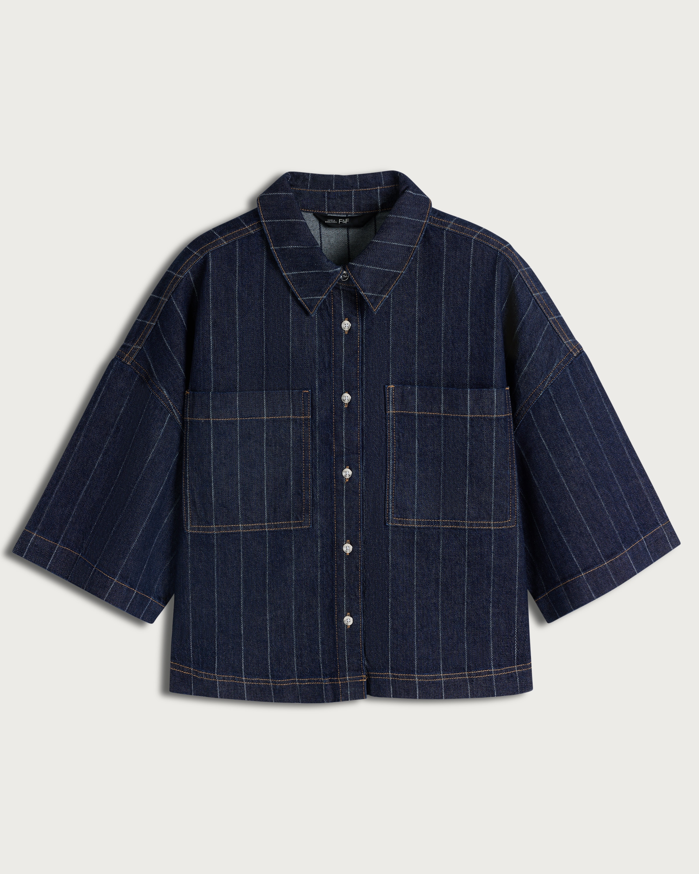 F&F Cotton Rich Pinstripe Cropped Co-ord Shirt in Navy thumbnail 4