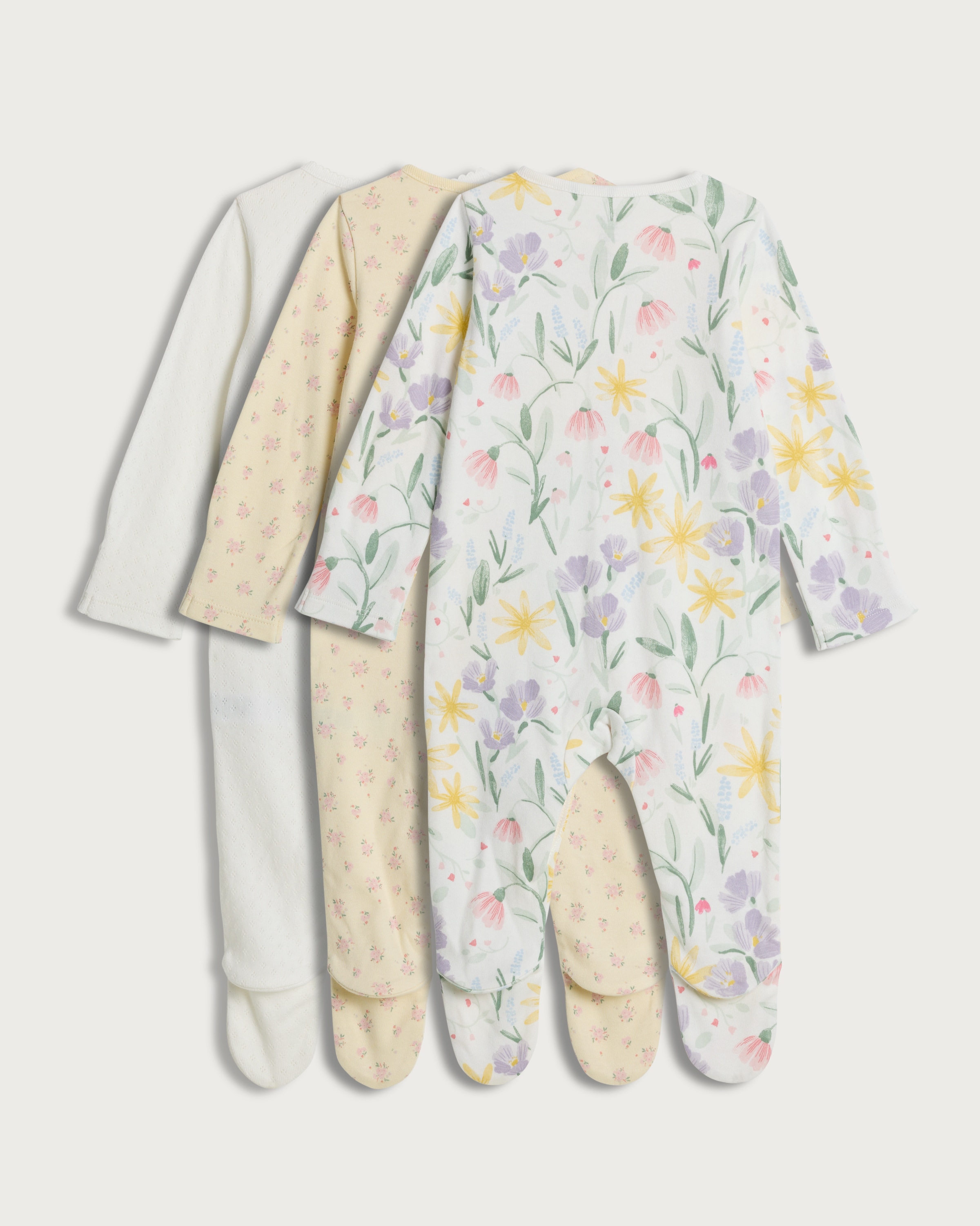 F&F Baby 3-Pack Pure Cotton Floral Print Long Sleeved Sleepsuits in Yellow thumbnail 2