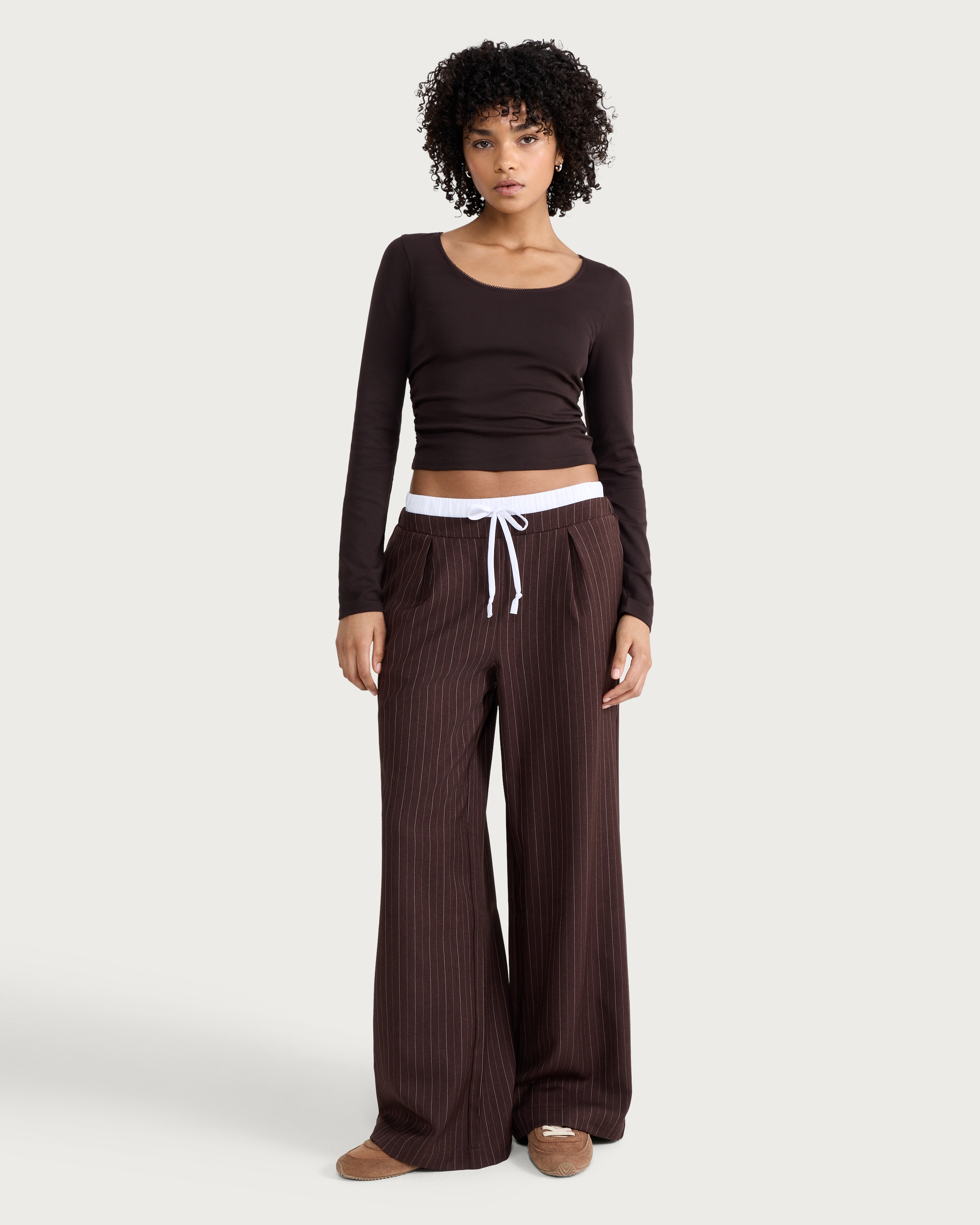 OH ME OH MY Cotton Rich Ruched Side Long Sleeved Top in Chocolate