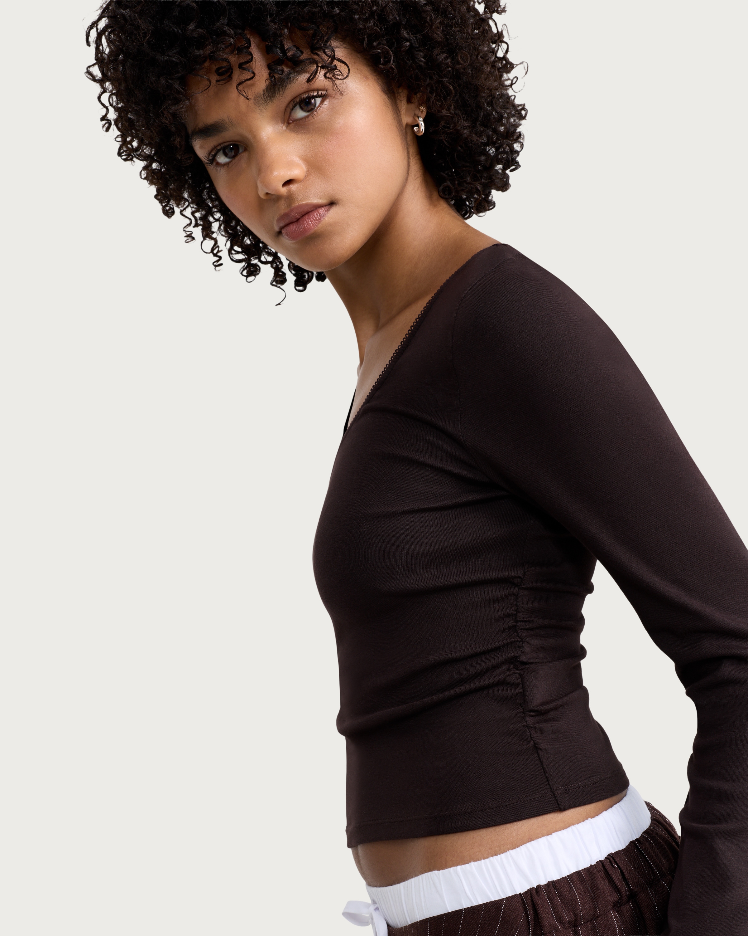 OH ME OH MY Cotton Rich Ruched Side Long Sleeved Top in Chocolate thumbnail 2