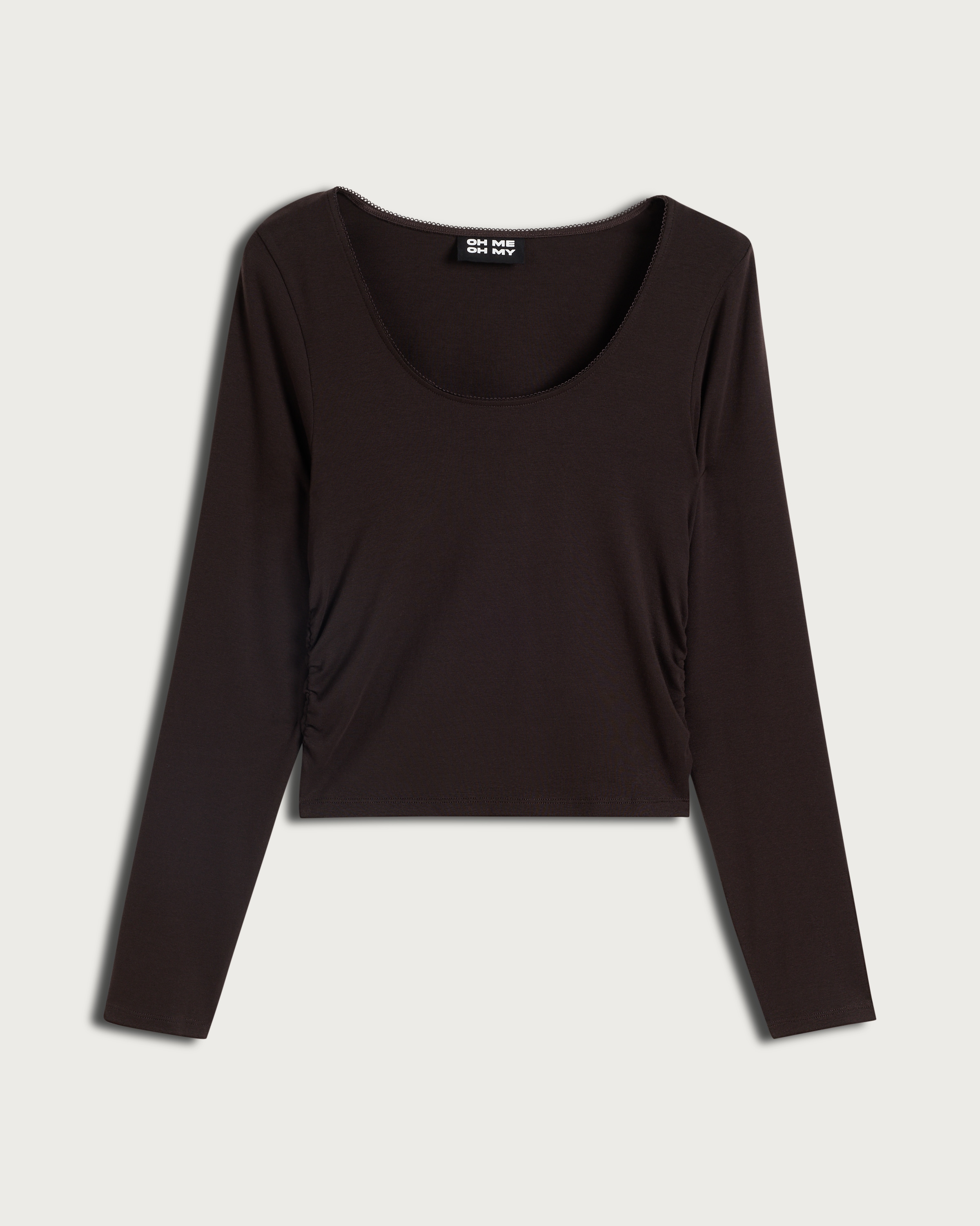 OH ME OH MY Cotton Rich Ruched Side Long Sleeved Top in Chocolate thumbnail 4