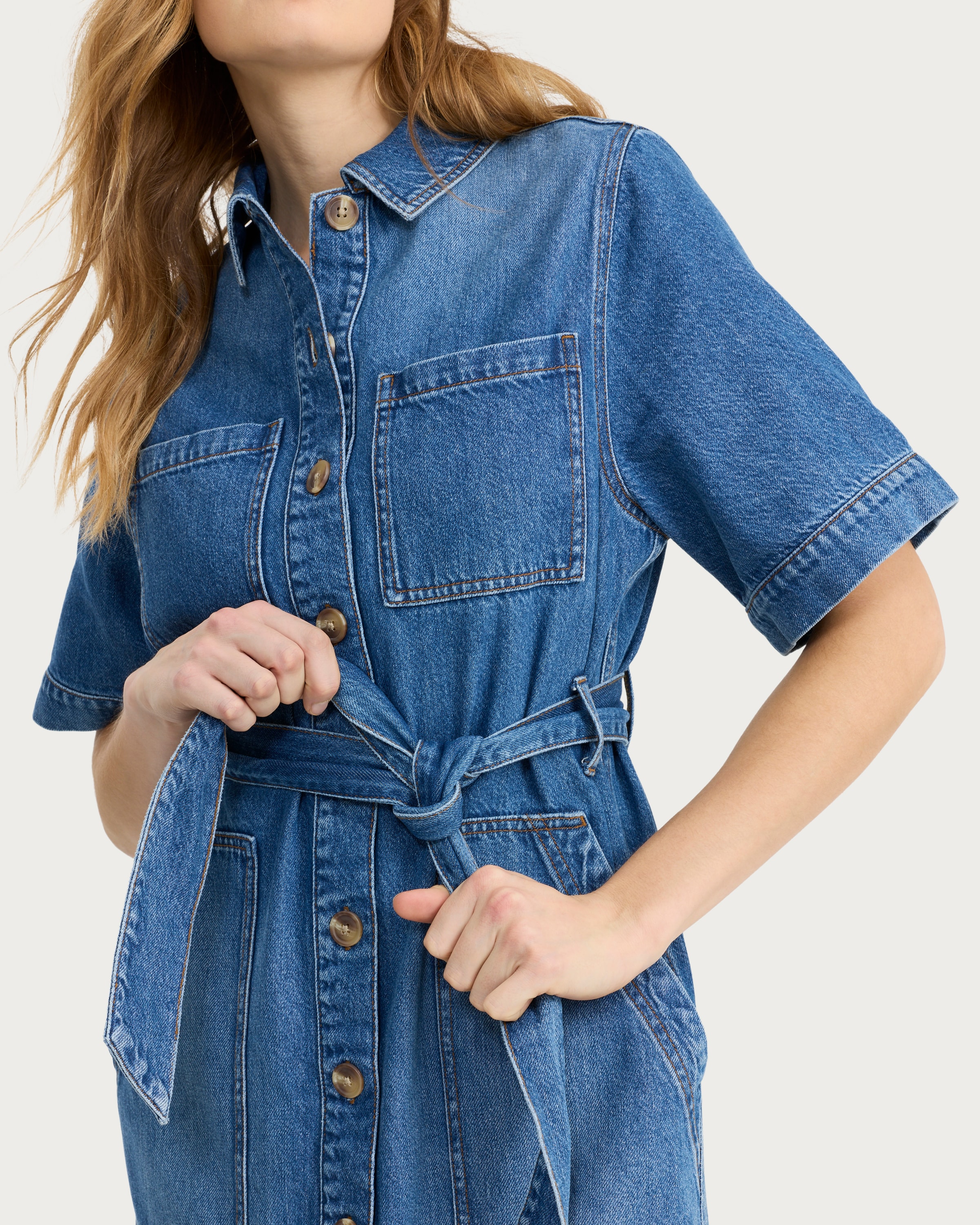 F&F Pure Cotton Button Up Belted Mini Dress in Navy