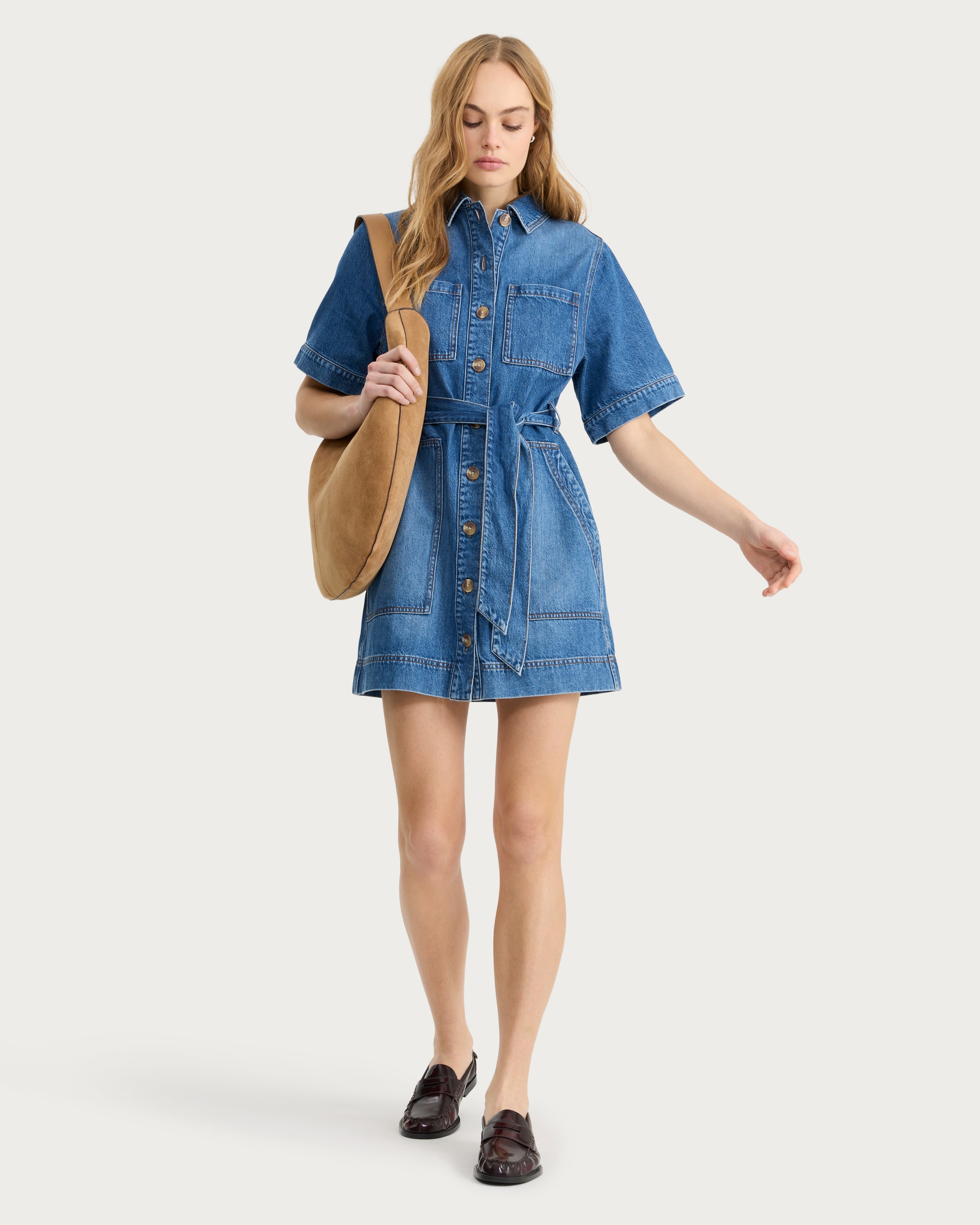 F&F Pure Cotton Button Up Belted Mini Dress in Navy thumbnail 2